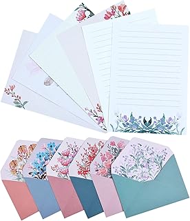 24 PCS Writing Stationery Paper with 12 PCS Envelops, Stationary Paper and Envelopes Set Unique Flower Design Writing Paper and Envelopes Lined Letter Writing Set for Invitation Gifts (6 Sets)