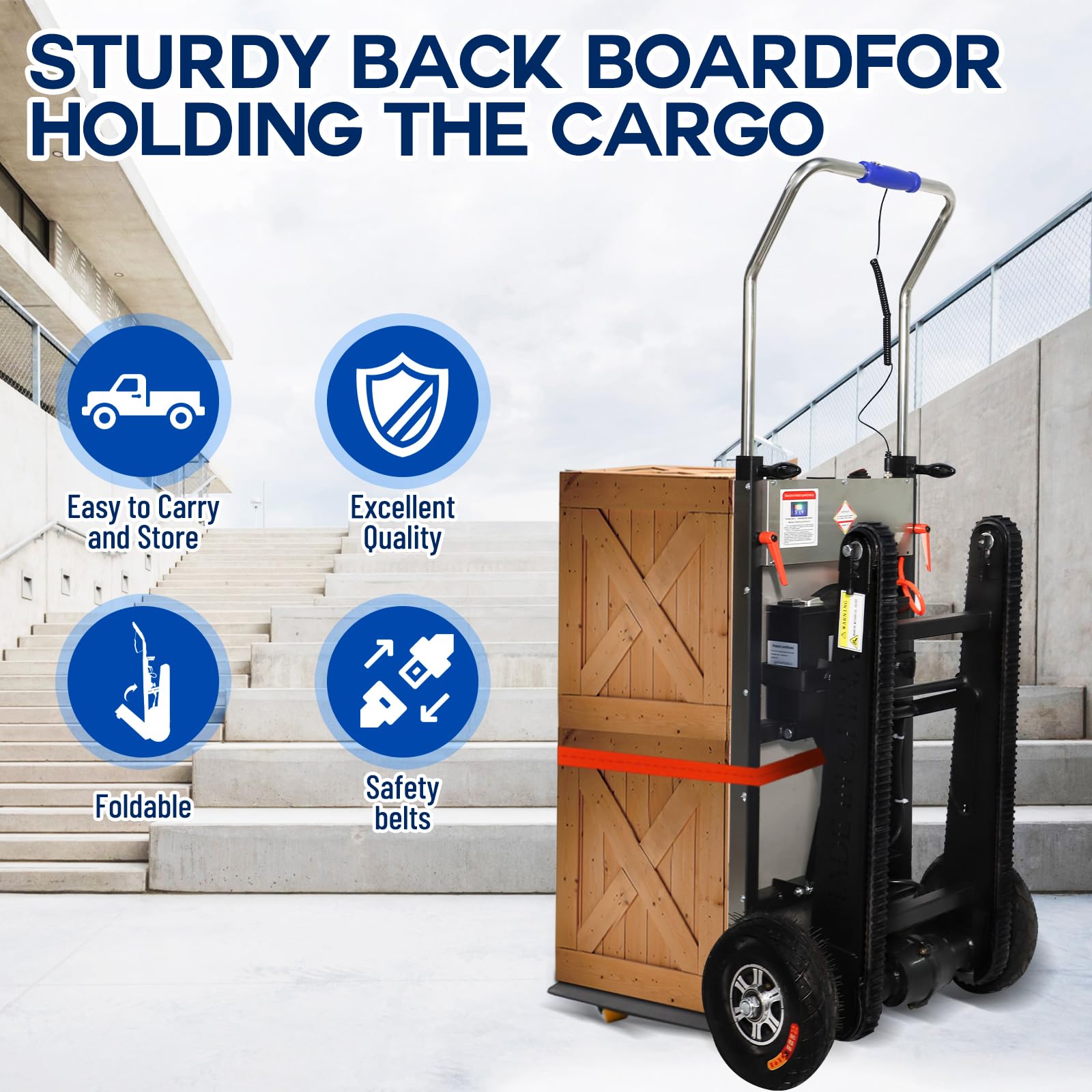 Camiones de mano de capacidad de carga de 660 libras resistentes, carrito de mano de 500 W, carretilla eléctrica para subir escaleras con pistas de goma