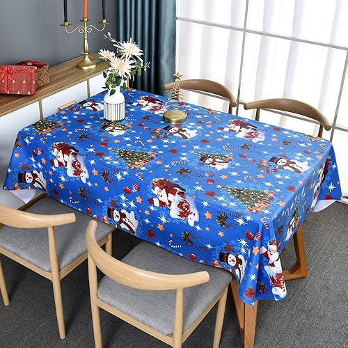 Miniatura 7 de TruDelve Mantel de Navidad rectangular de plástico azul de vinilo azul con muñeco de nieve para fiesta (54 x 72 pulgadas, muñeco de nieve)