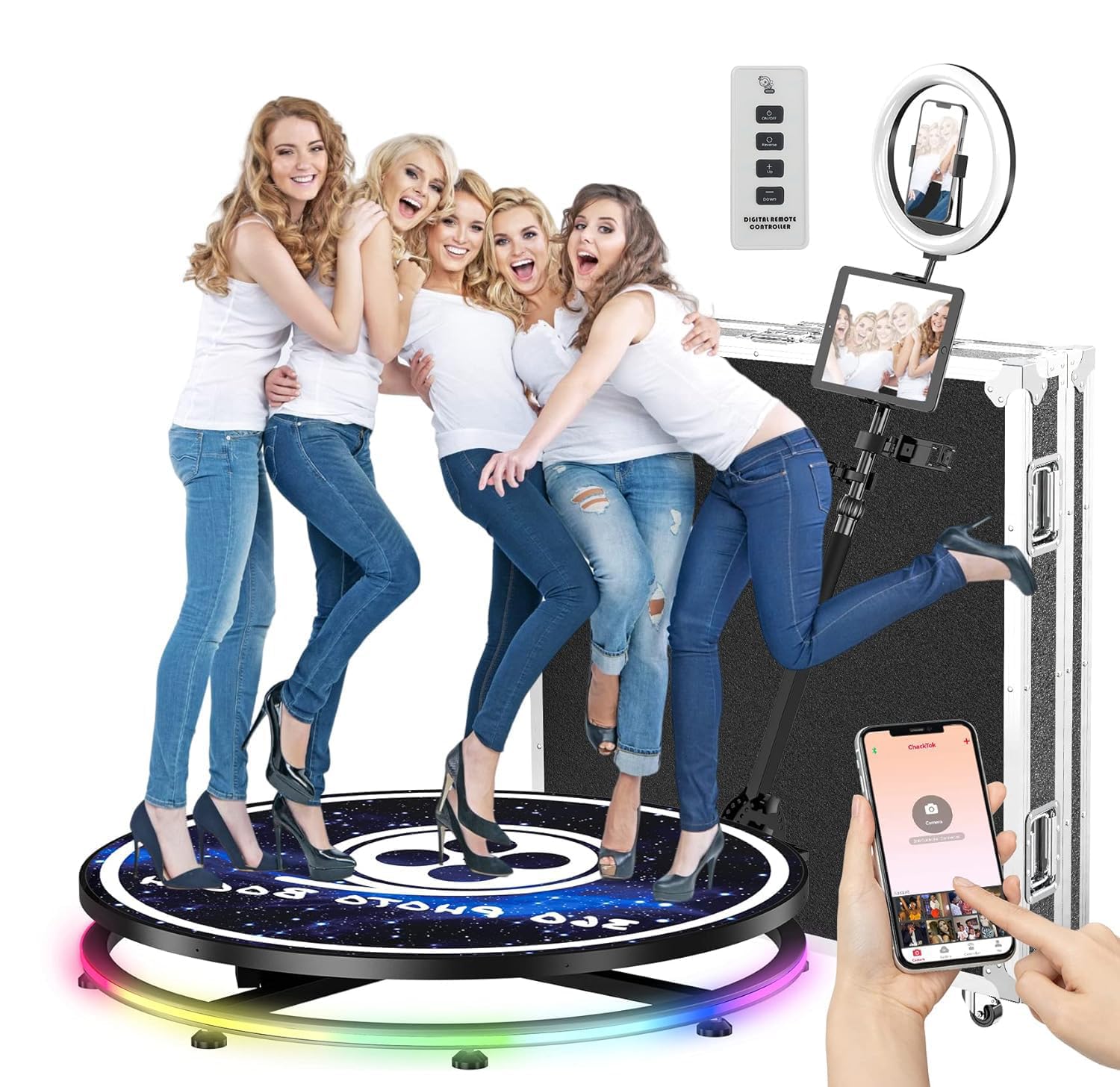 Photo Booth 360 mit Flightcase Ringlicht, Kostenlose Logo-Anpassung&VIP-Software, Automatische 360 Fotobox Selfie Photo Booth mit RGB Streifenlicht für Party Hochzeit Rental 5-7 Personen,115CM
