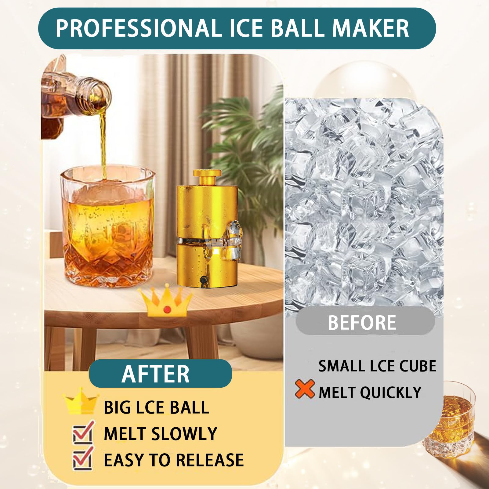Máquina de bolas de hielo, prensa de hielo transparente para whisky, bourbon, cócteles y cerveza, hielo frío de larga duración, no requiere enchufar