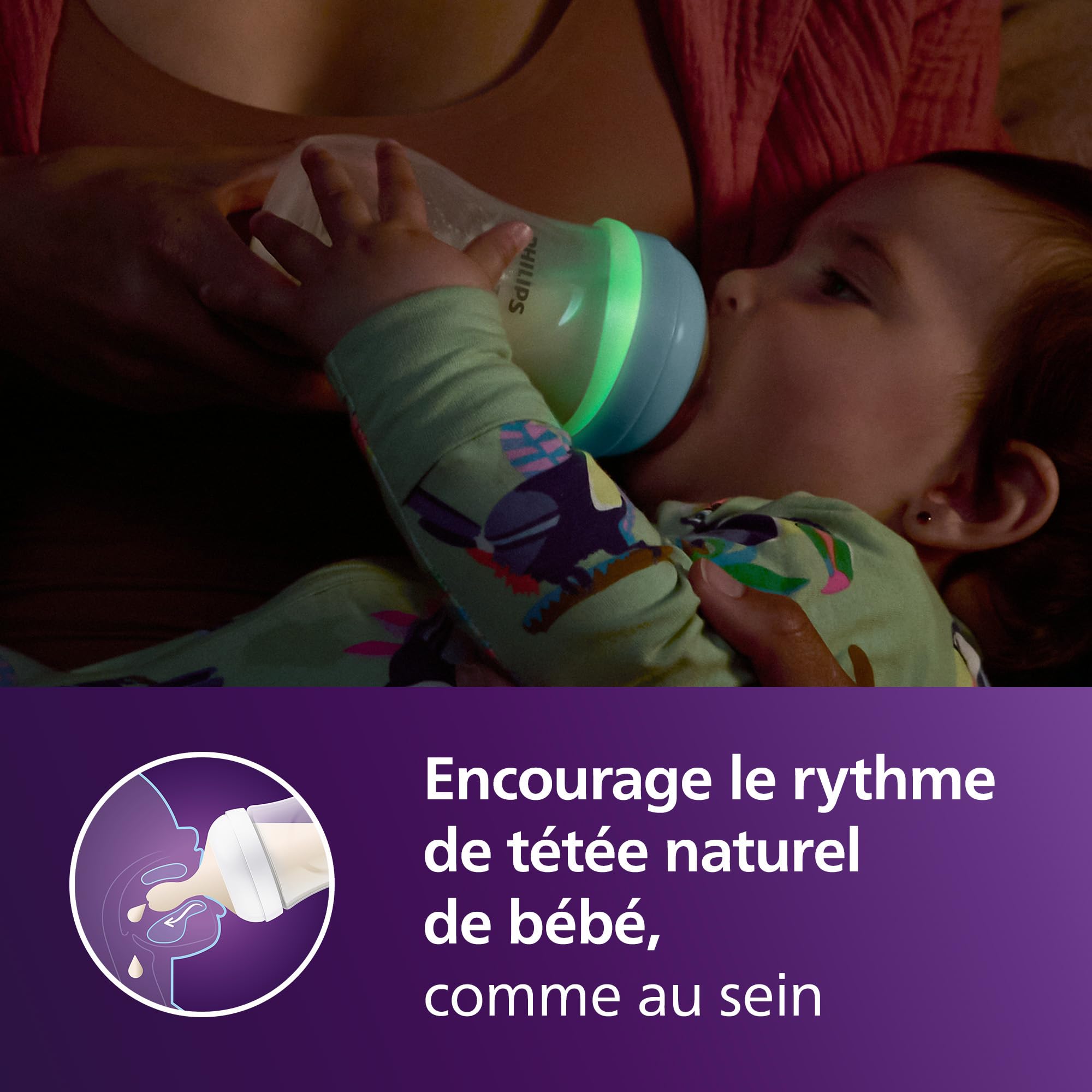 Philips Avent Biberon nuit Natural Response – bouteille 260 ml avec tétine à débit moyen (débit 3), anneau de biberon phosphorescent, motif petit paresseux endormi, SCY903/81