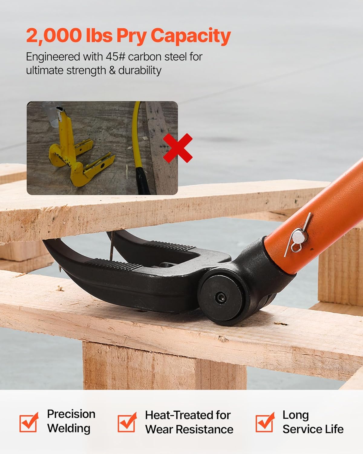 VEVOR Pallet Buster Tool with 44" Carbon Steel Handle, Adjustable Head, Wrecking Bar for Deck Board Removal, Prying up Decking, Busting Pallets & Effortless Nail/Screw Pulling