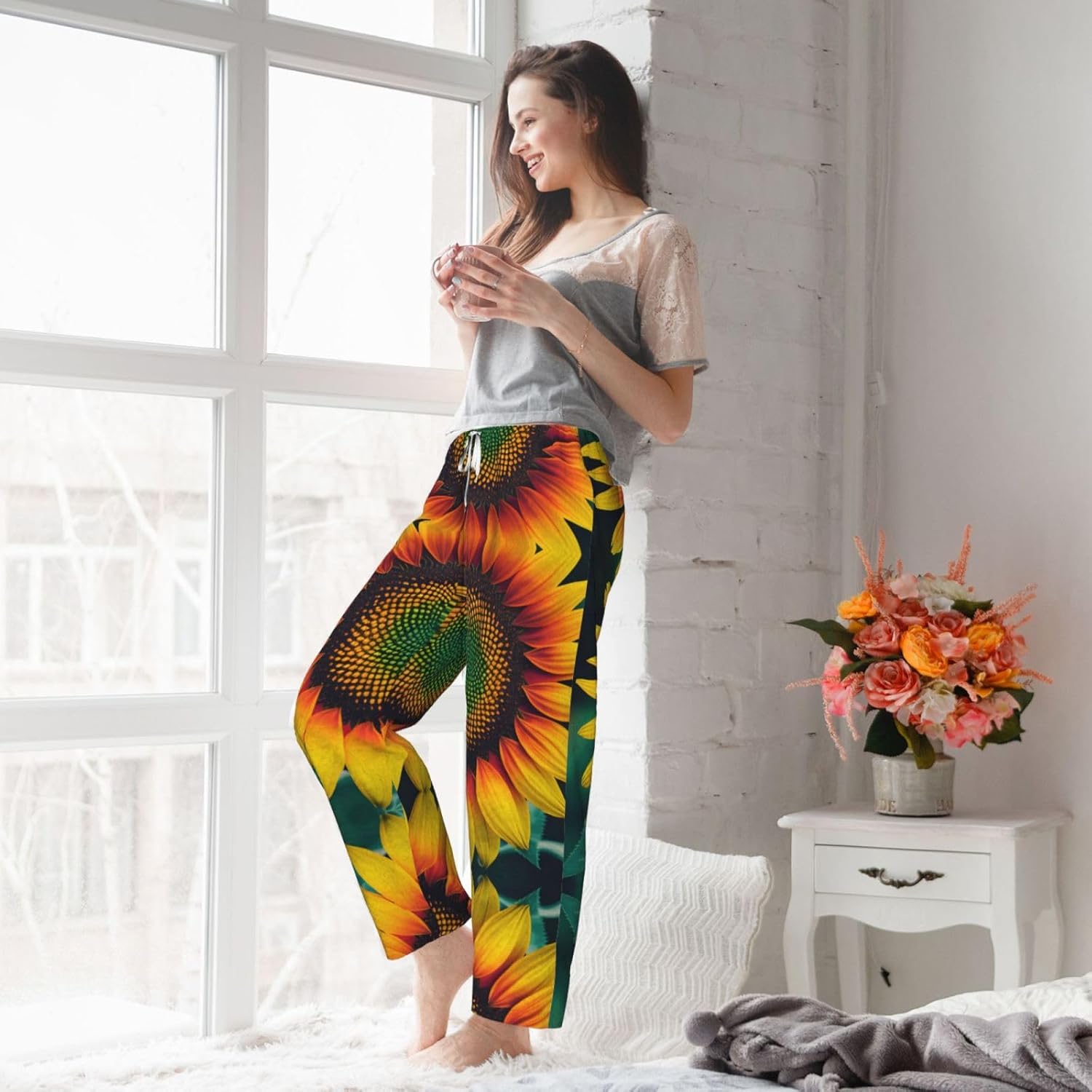 Rainbow Sunflowers Print Cozy Christmas Pajama Pants,Flannel Pajama Bottoms,Cater To Various Body Types