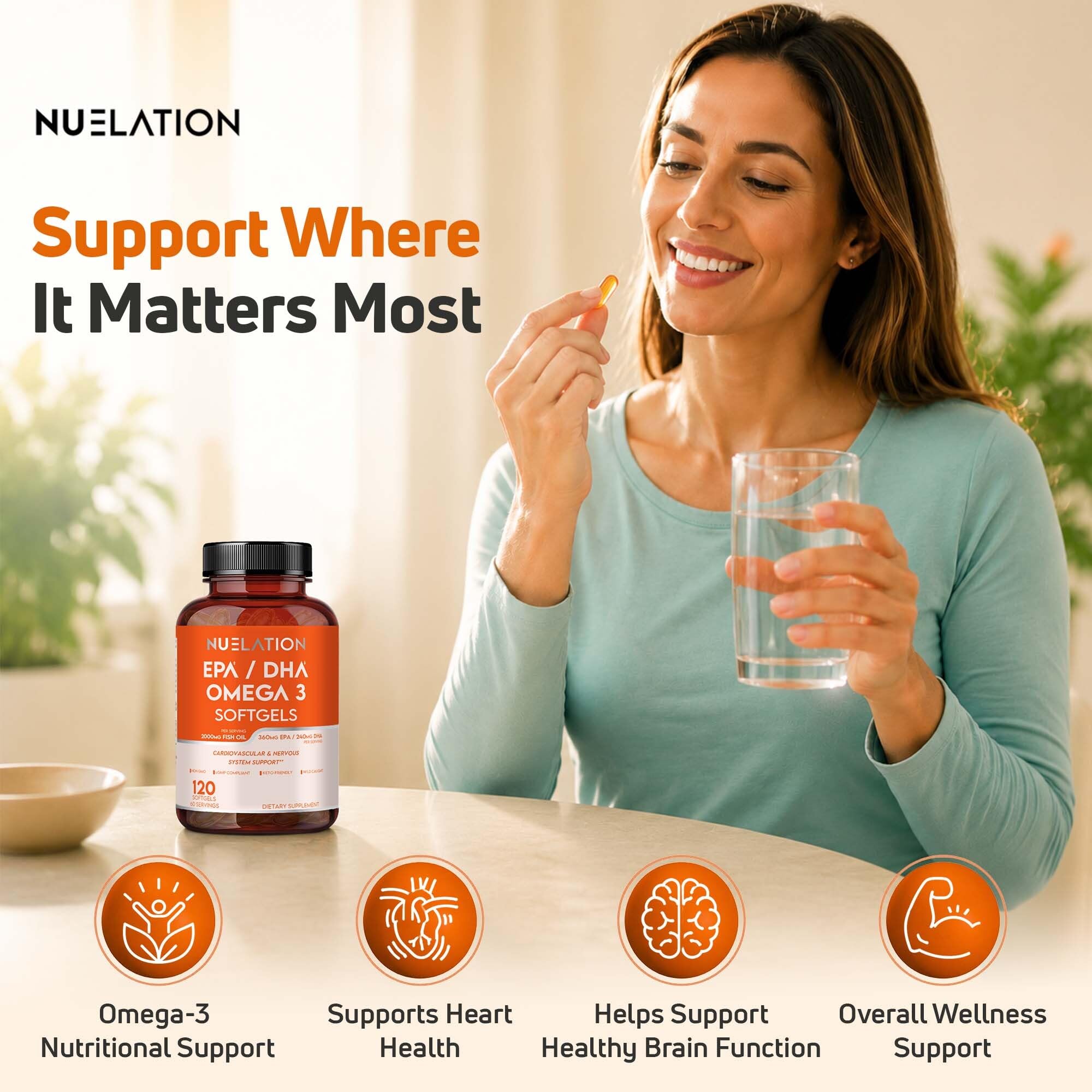 Omega 3 Fish Oil 2000mg. Fish Oil Omega 3 Supplements to Support Heart Health, Brain Functions and Cardiovascular System - Non-GMO, Gluten-Free & Keto-Friendly - 60 Servings, 120 Softgels — Amazon image 2