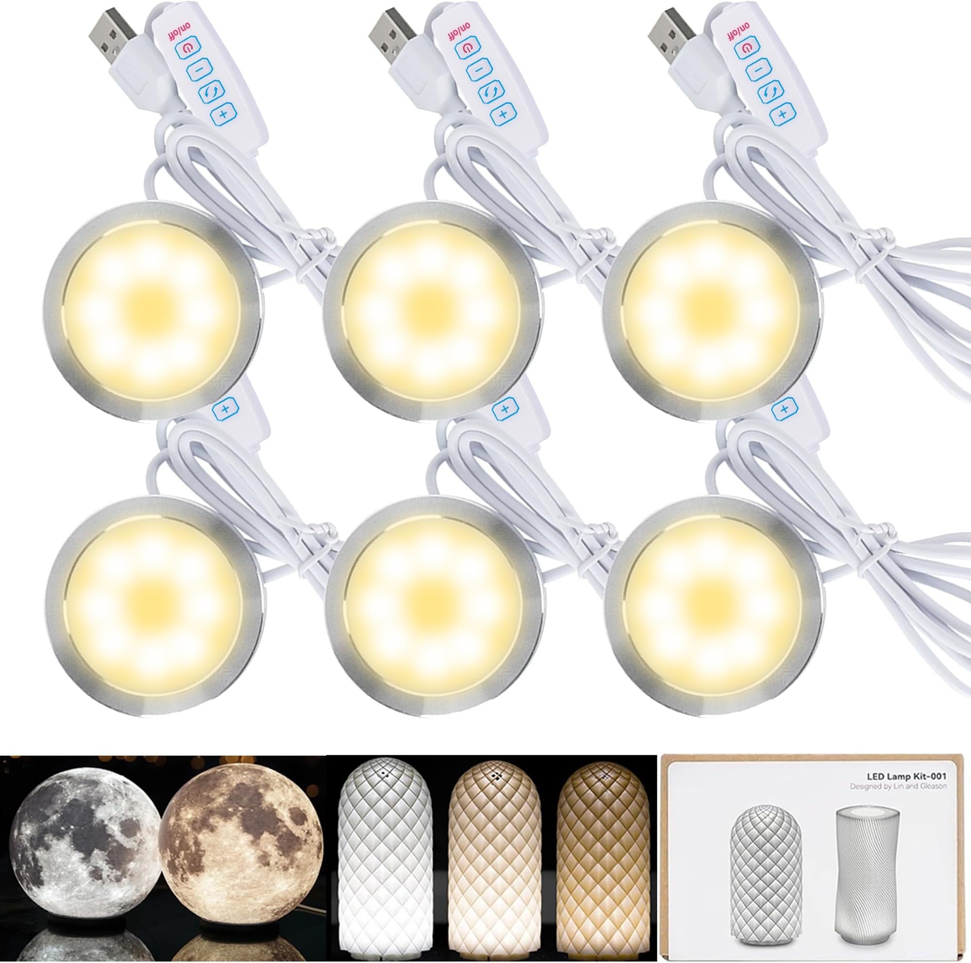 6PCS LED Lamp Kit 001 for Bambu Lab H2S/P2S/P1P/A1 Makerworld 3D Prints | 5V USB Powered, 3000K Warm White, Power-Off Color Storage, Adjustable Brightness & Color, DIY Hardware Spare Parts