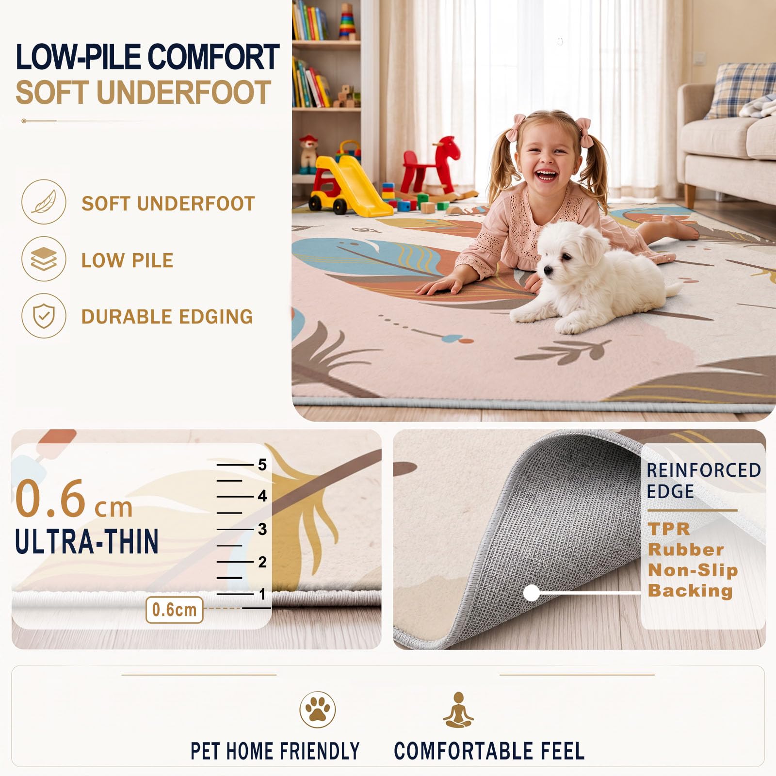 Générique Tapis Lavable en Bohème Naturel 60 x 120 cm, Tapis Frais Plume pour l’entrée du Salon Moquette intérieure antidérapante à Poil Bas pour la décoration de la Chambre