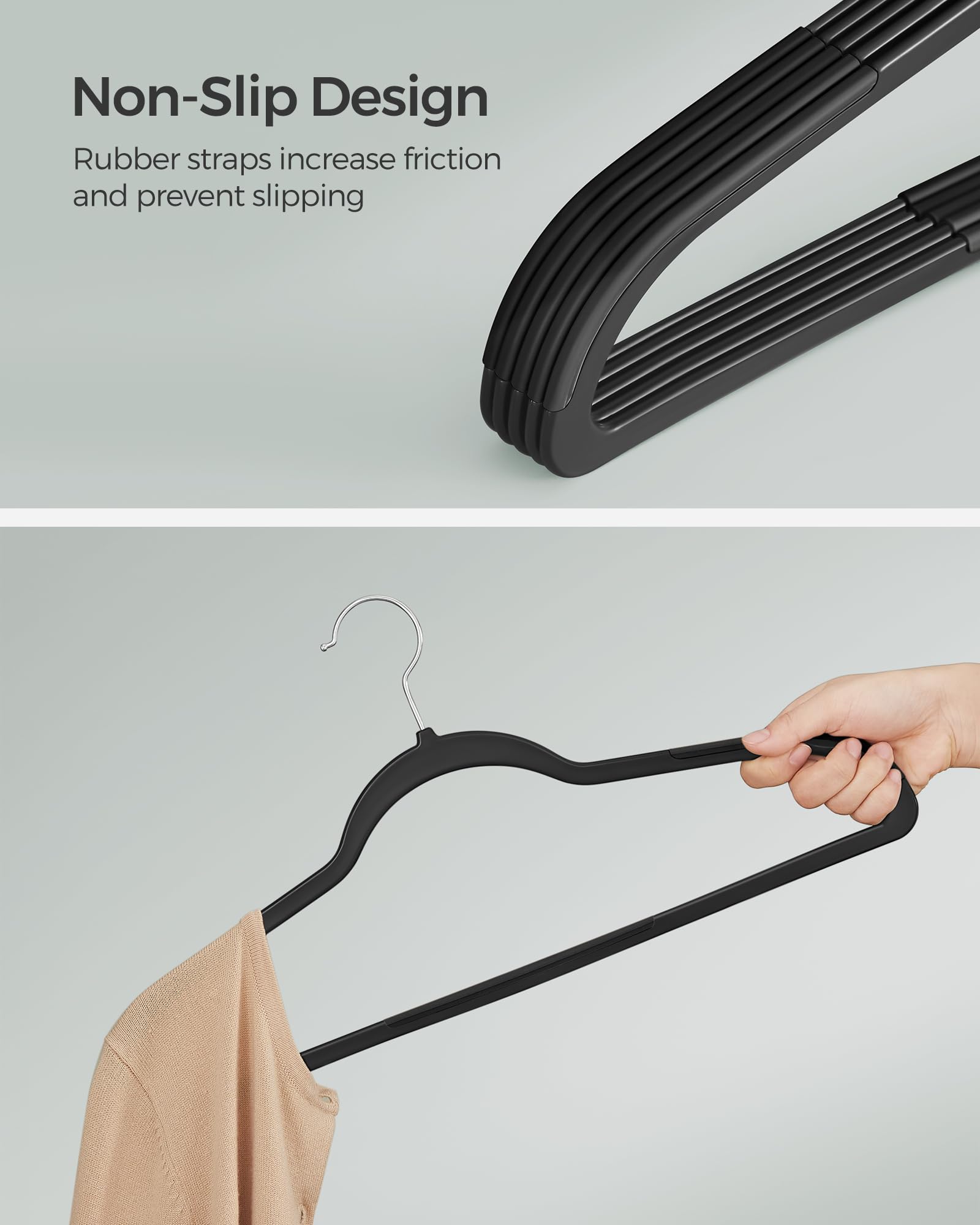 SONGMICS Clothes Hangers, Pack of 30 Plastic Coat Hangers, Non-Slip, Space-Saving, 0.2 Inches Thick, 17.7 Inches Long, 360?? Swivel Hook, Black UCRP30B