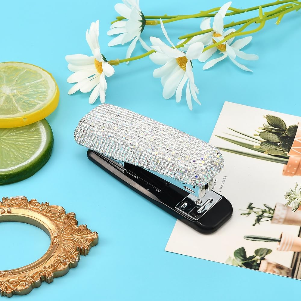 JSCARLIFE Bling Crystal Stapler,Sparkly Diamond Stapler for Desk Handmade Clay Rhinestone Machine Cute Stapler Pretty Office Stationery Kit for Girl Women Lady Christmas (Large Size-Silver) - Image 3