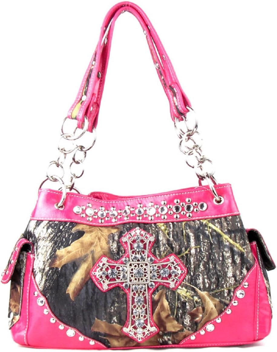 Western Handbag Camouflage Cross Camo Rhinestone Purse With Matching Wallet (PINK)