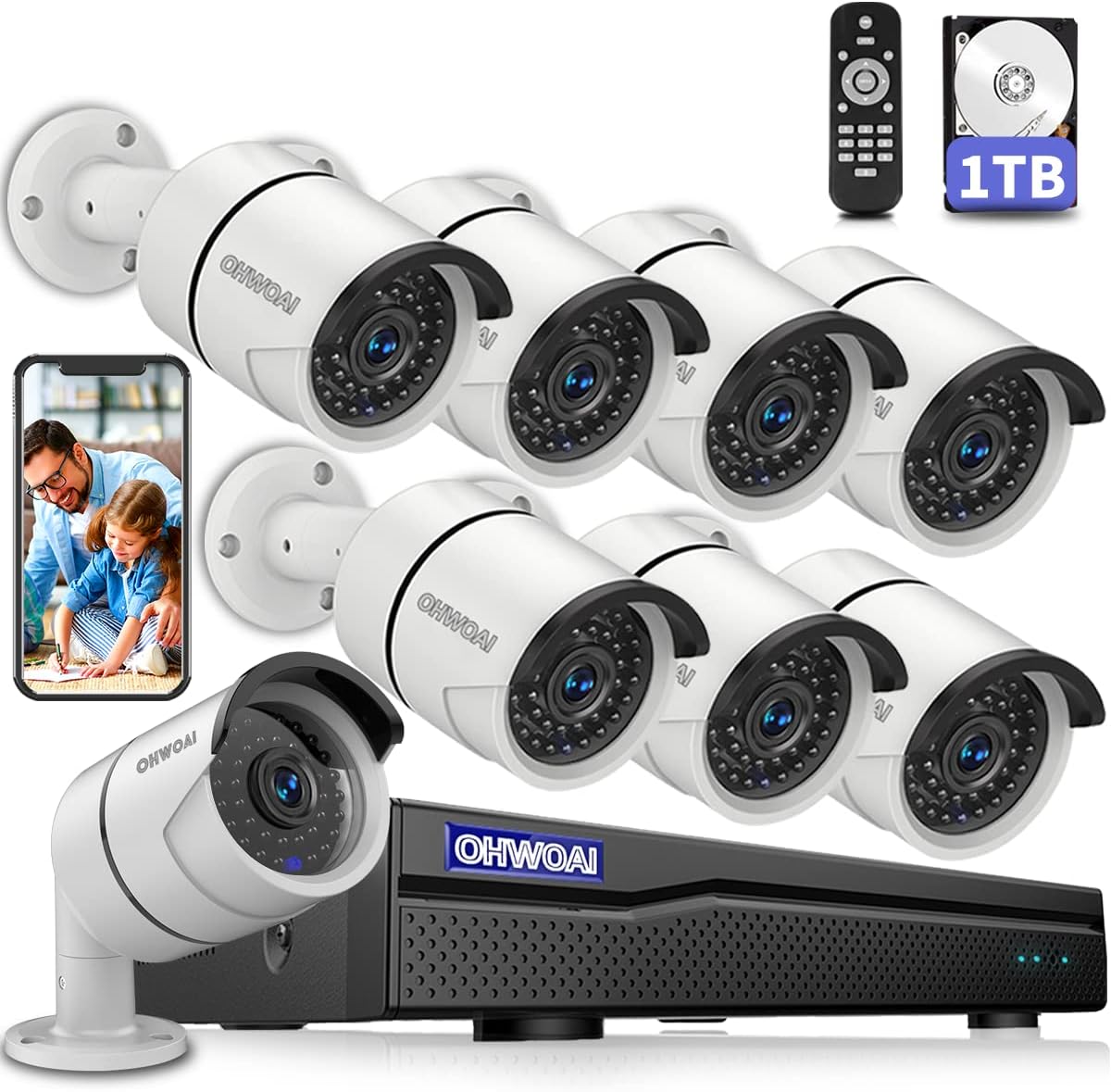OHWOAI 8CH 5MP Wired Home Security Camera System Outdoor with 1TB Hard Drive,DVR Video Surveillance Security Camera System,Surveillance DVR Kits 1080p Security Camera Night Vision APP