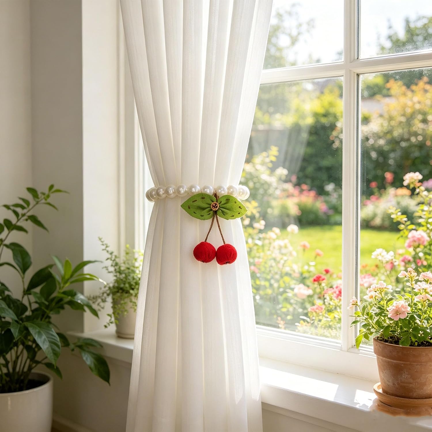 2 Packs Handmade Cherry Curtain Magnetic Tiebacks Curtain Ties Pearl Curtain Holdbacks for Home Office Decorationr(Cherry)