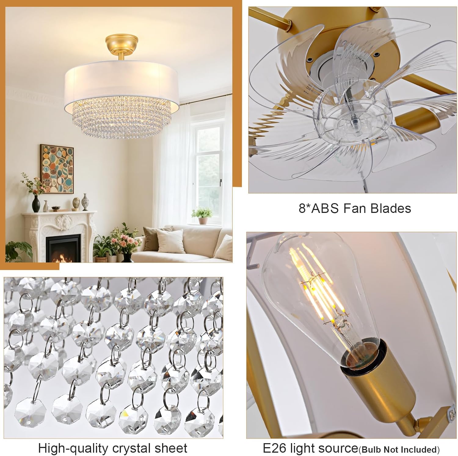 Modern Crystal Ceiling Fan with Light, 19.7 Inch Enclosed Bladeless Ceiling Fan with Remote & App Control, Dimmable LED, Gold Fandelier Ceiling Fans for Bedroom Living Room
