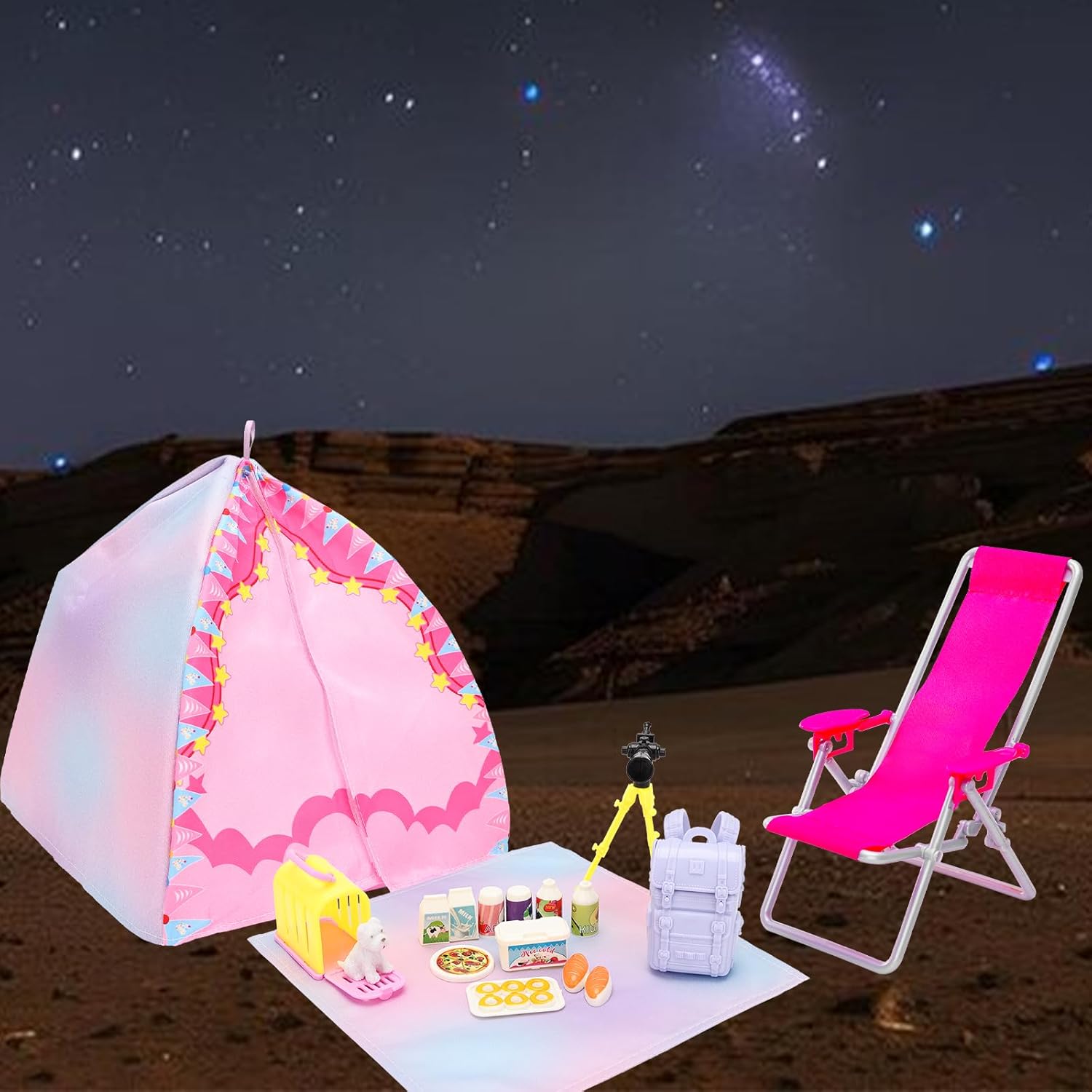 34 PCS Girl Doll Travel Camping Tent Set Includes Clothes, Food, Telescope, Tent, Sleeping Bag, Backpack, Chair, Shoes and Other Camping Accessories for 11.5 Inch Dolls （NO Doll）