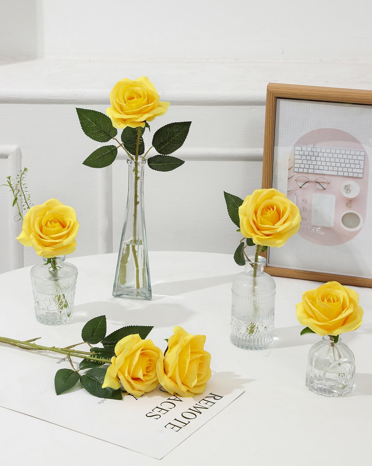 LEUCHTAMOR 10Pcs Artificial Roses Fake Silk Roses Yellow Fake Single Stem Realistic Roses Bouquet for DIY Craft Faux Flowers for Home Decorations Wedding Flowers Bouquet Garden Decor - Image 4