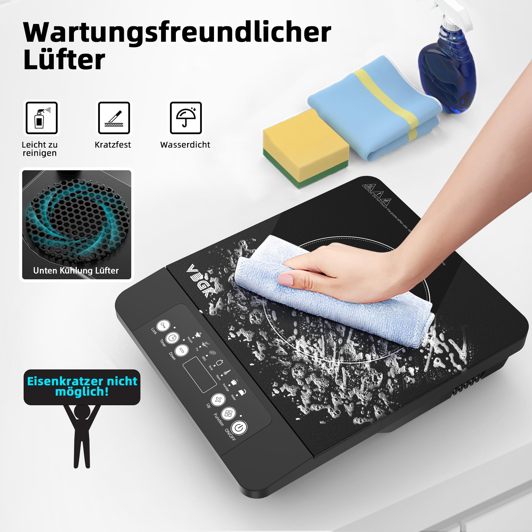 VBGK Induktionskochfeld 1 Platten,1800W Tragbares Induktionskochplatte, 220V Kochfelder mit LCD-Touch, 8 Temperaturstufen, Kindersicherung,4-Stunden-Timer