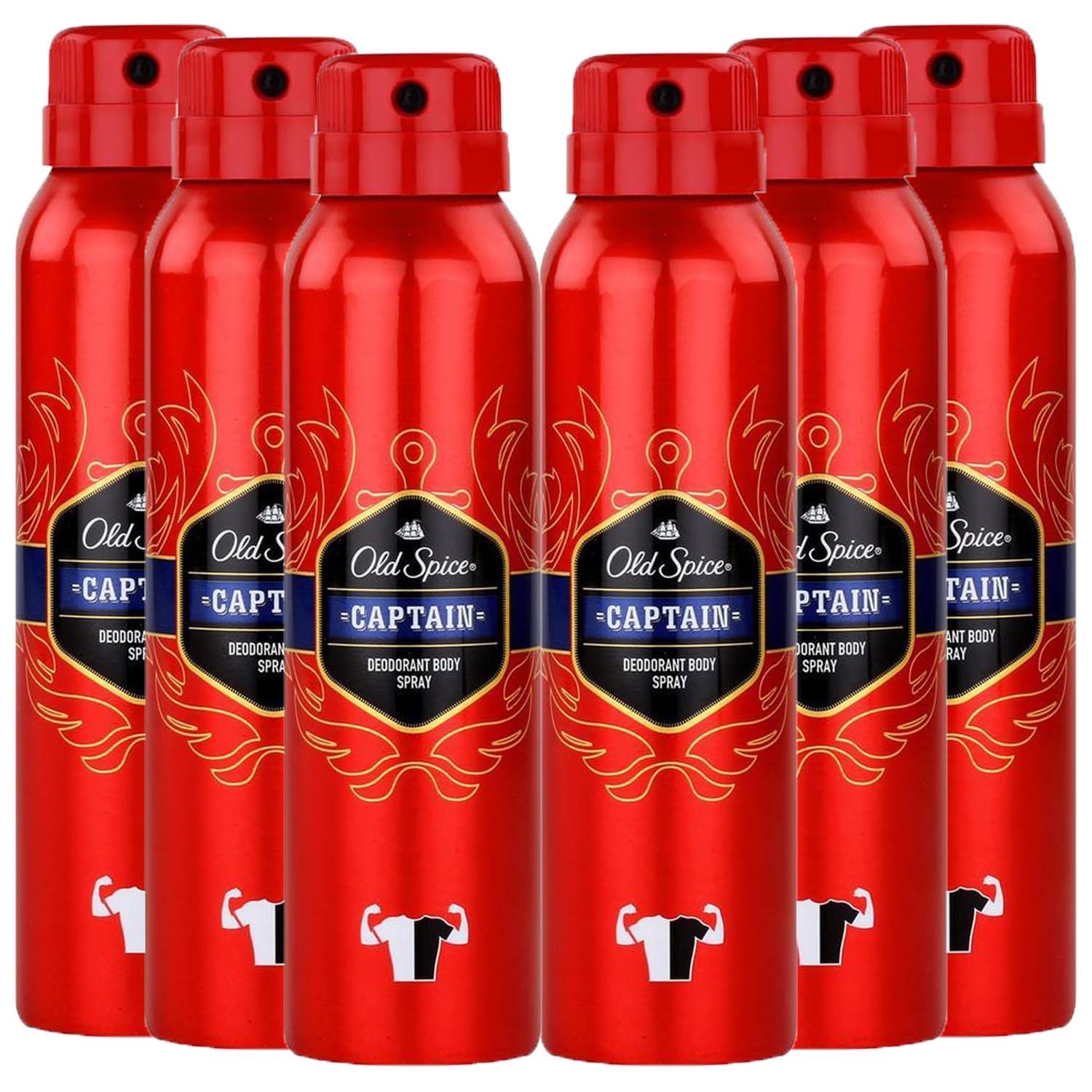 6 x Old Spice Captain Deodorant Body Spray 150ml Each Without Aluminium for Men