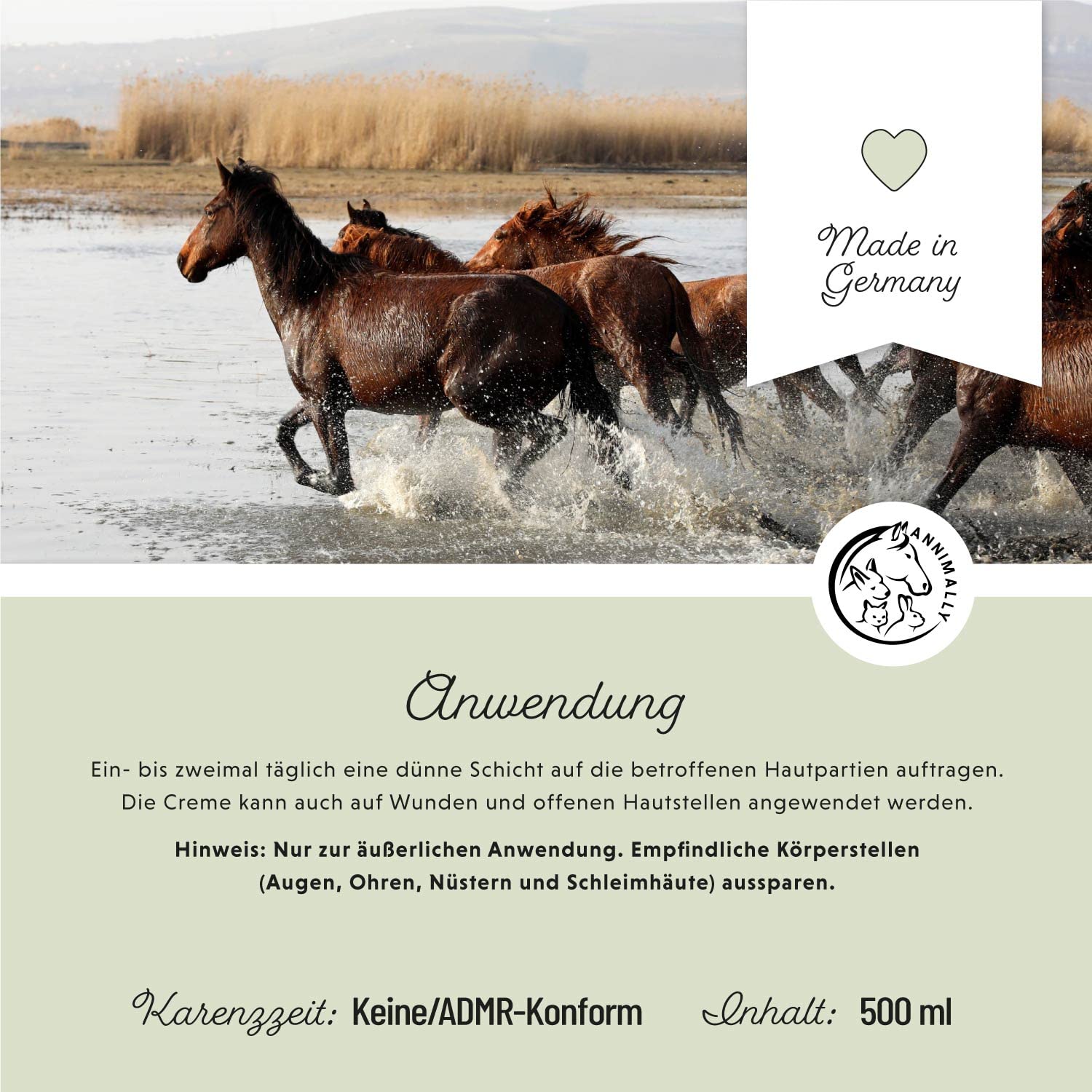 Annimally Crème de Soin Plus 500 ML pour Chevaux – Crème hydratante et apaisante avec D-Panthénol et Huile de Camomille – Soin de la Peau Sensible, sèche et sujette aux irritations