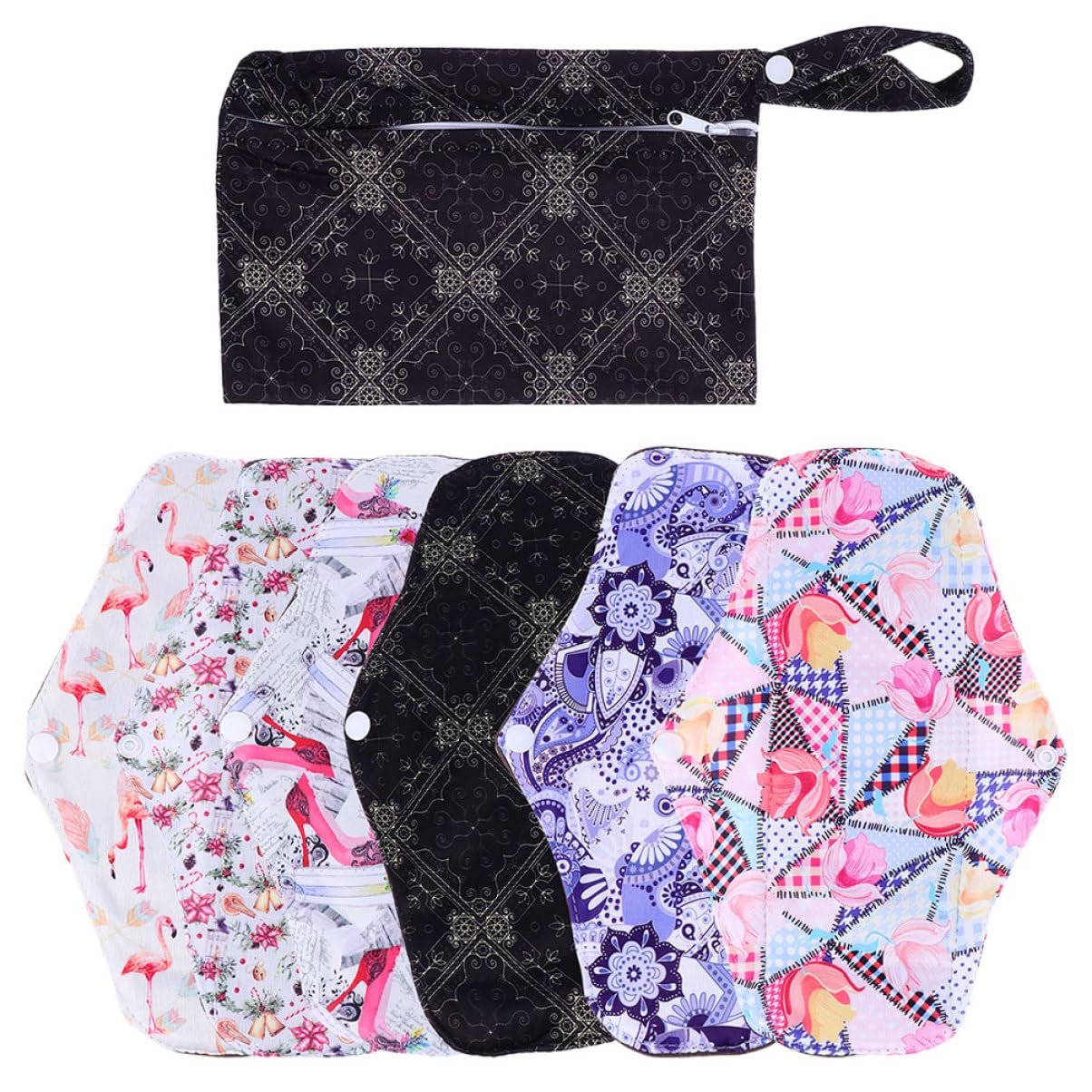 Compresa Menstrual Reutilizable M de Fibra de Carbón 7 Piezas | Alas y Broches de Fijación, Tacto Cómodo para Uso Diario y Ejercicio, Formato Lavable Estilo Aleatorio
