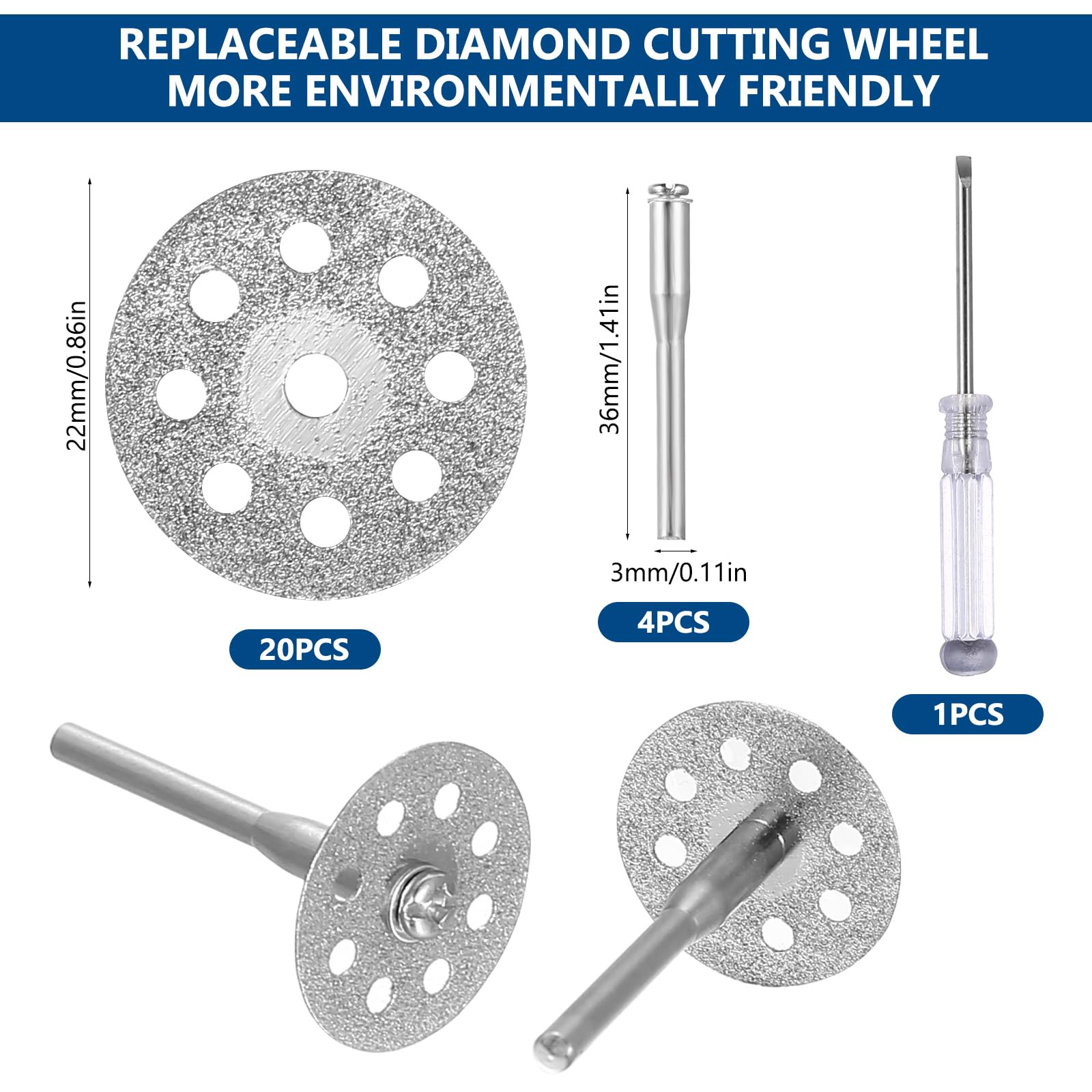 25 Sztuk Tarcze tnące 22 mm do Dremel – Akcesoria do Cięcia Kamienia, Szkła, Płytek – Zawiera 4 Wrzeciona 3 mm i 1 Śrubokręt