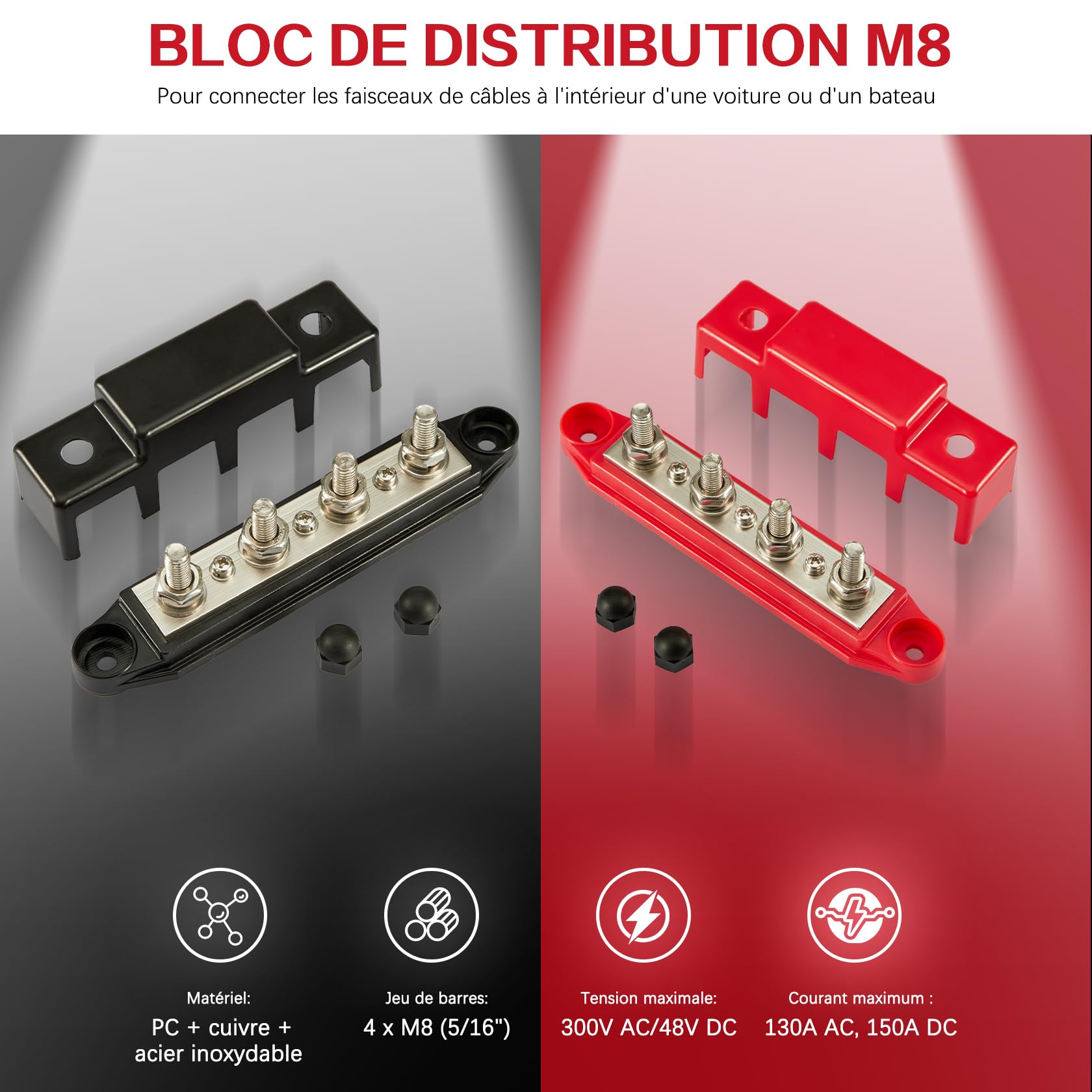 Pindex - Bloc de distribution M8 - 250 A CC - 12 V-48 V - 4 Boulons M8 - Rouge + noir - Plastique - Montage en surface - 4 Contacts - Vis - Pour camping-car, bateau, yacht, voiture, camion