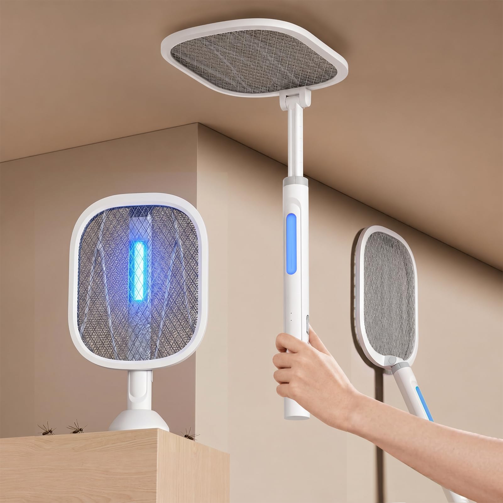 Elektrische Mückenklatsche 2-in-1 – Ausziehbarer Teleskop-Griff für Decken, 4200V Fliegenklatsche Elektrisch mit UV Lichtfalle, Klappbar mit Standfuß für Mücken & Motten
