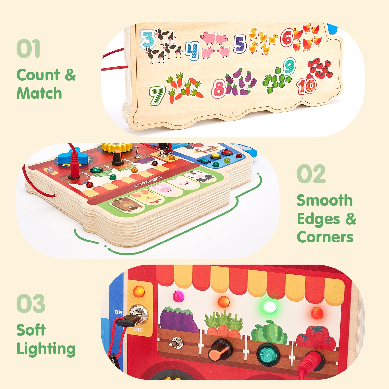 Montessori - Tabla de actividades sensoriales de madera 18 en 1 para niños pequeños de 3 a 5 años, con luces LED e interruptores, juguete educativo Montessori para habilidades motoras finas 6