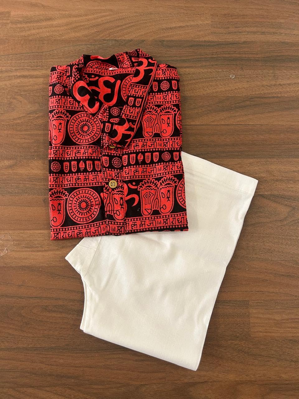 NiAK Boys Om Print Cotton Kurta Pyjama Set, Traditional Festival Wear, Full Sleeve. (Red, 4-5 Years) 2