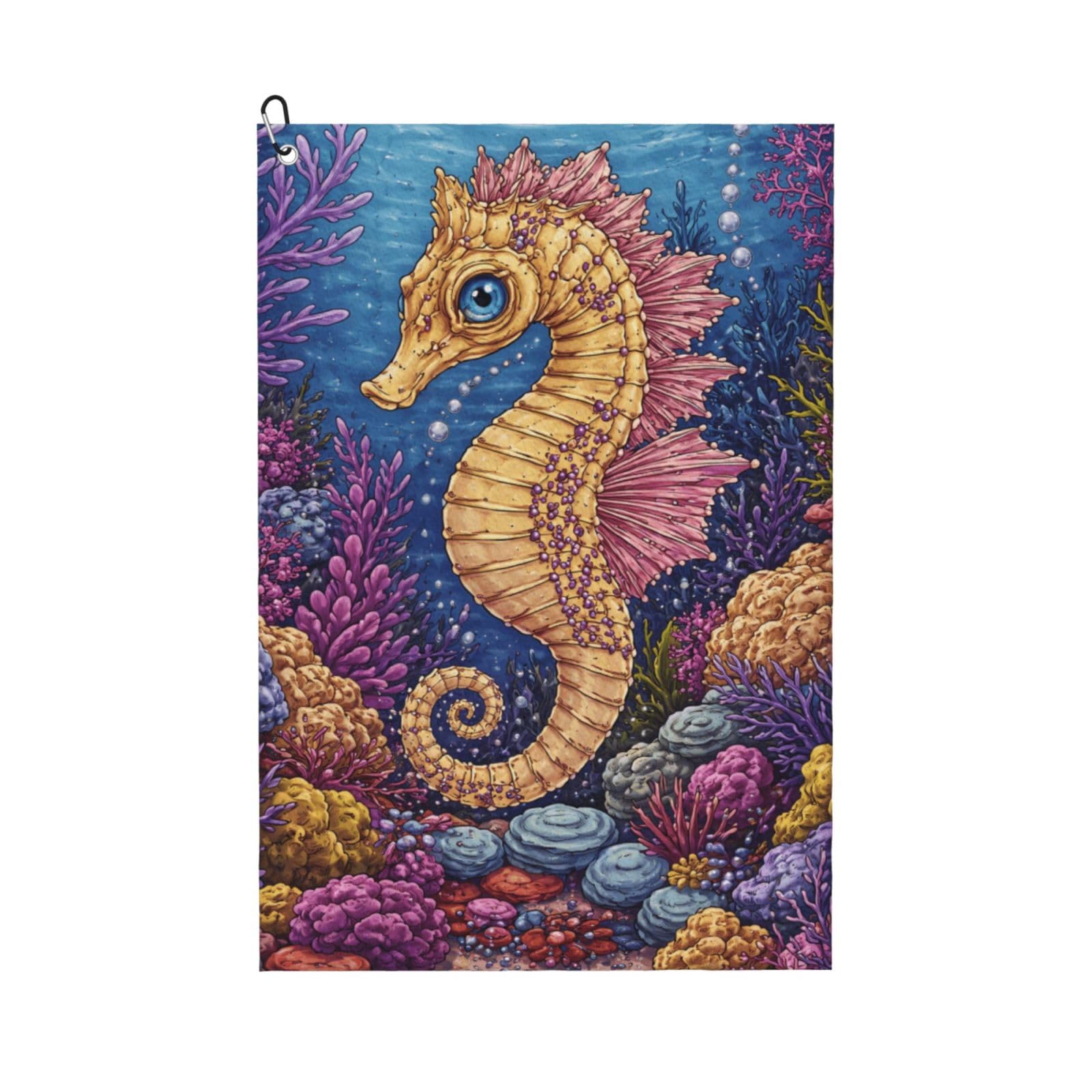 Oudrspo Fantasy Colorful Golden Seahorse Multi-Functional Golf Towel | Absorbent Quick Drying 16x24in