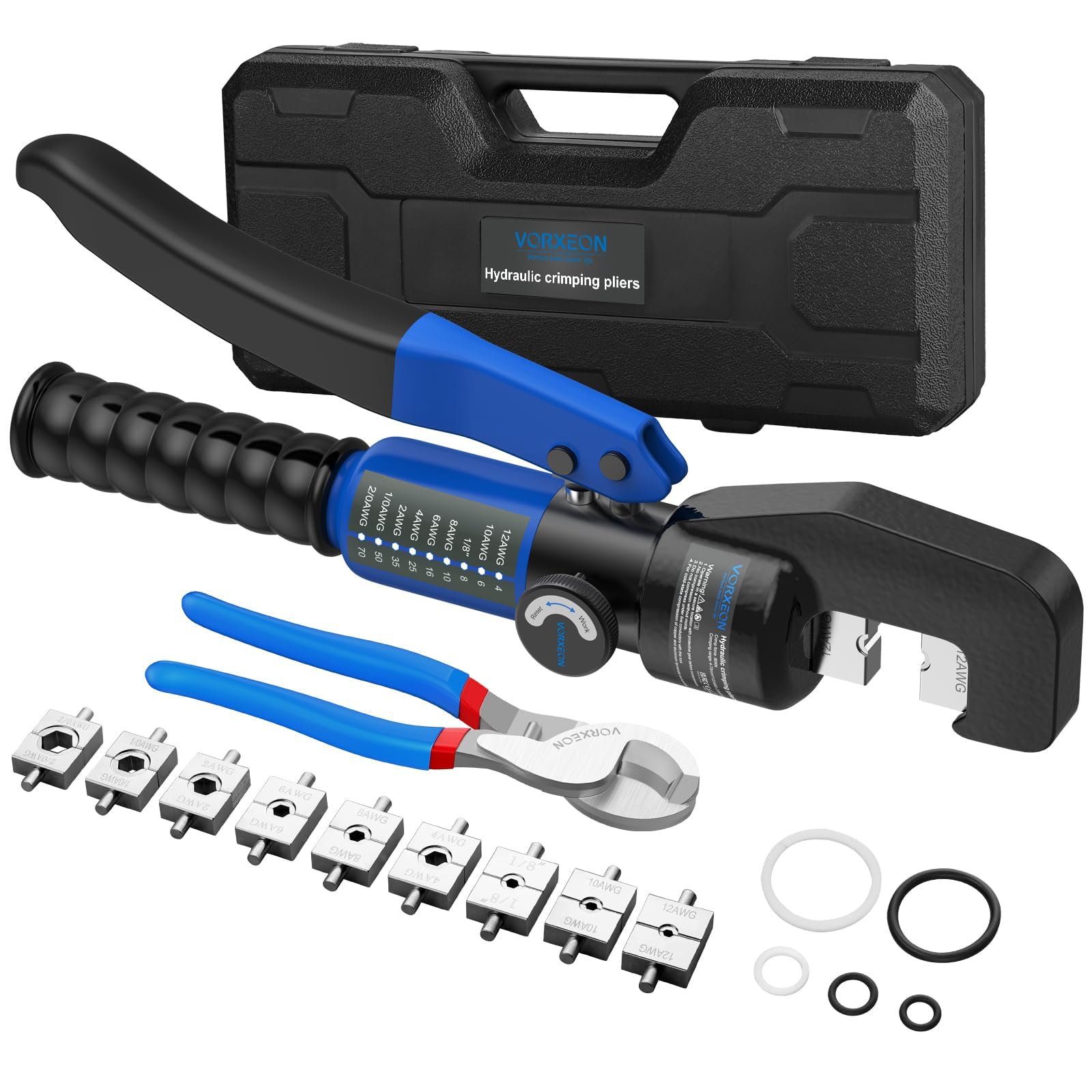 8 Ton Hydraulic Crimping Tool Set with 9 Dies 4-70mm²（12AWG-2/0AWG） 10in Cable Cutter, for Professional Use, Suitable for Crimping Terminals of Electrical Cables in Various Sizes