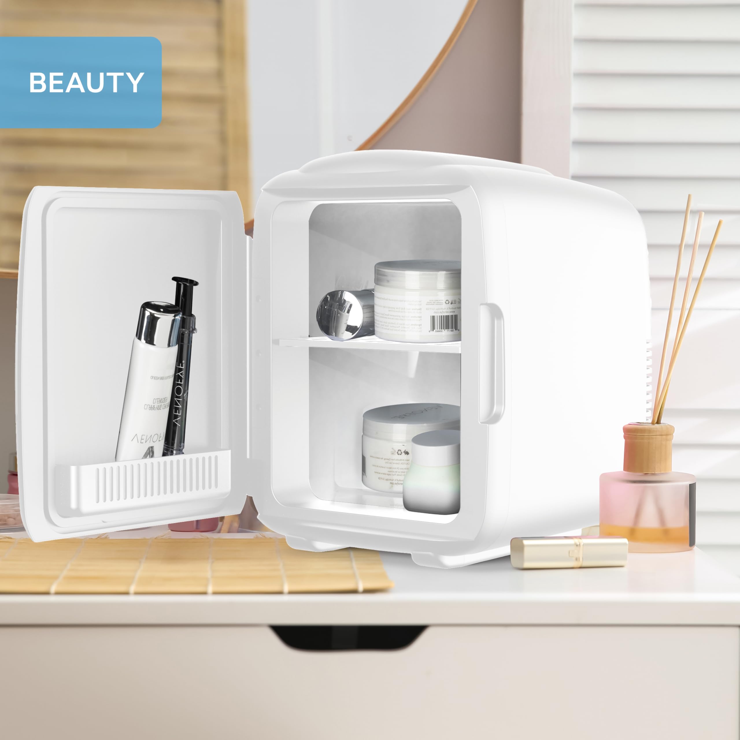 Body Escape Mini Beauty Fridge for Skincare - Birthday Gifts for Her - Retro, Portable, Compact and Quiet Small Fridge for Makeup - 9L - White Mono