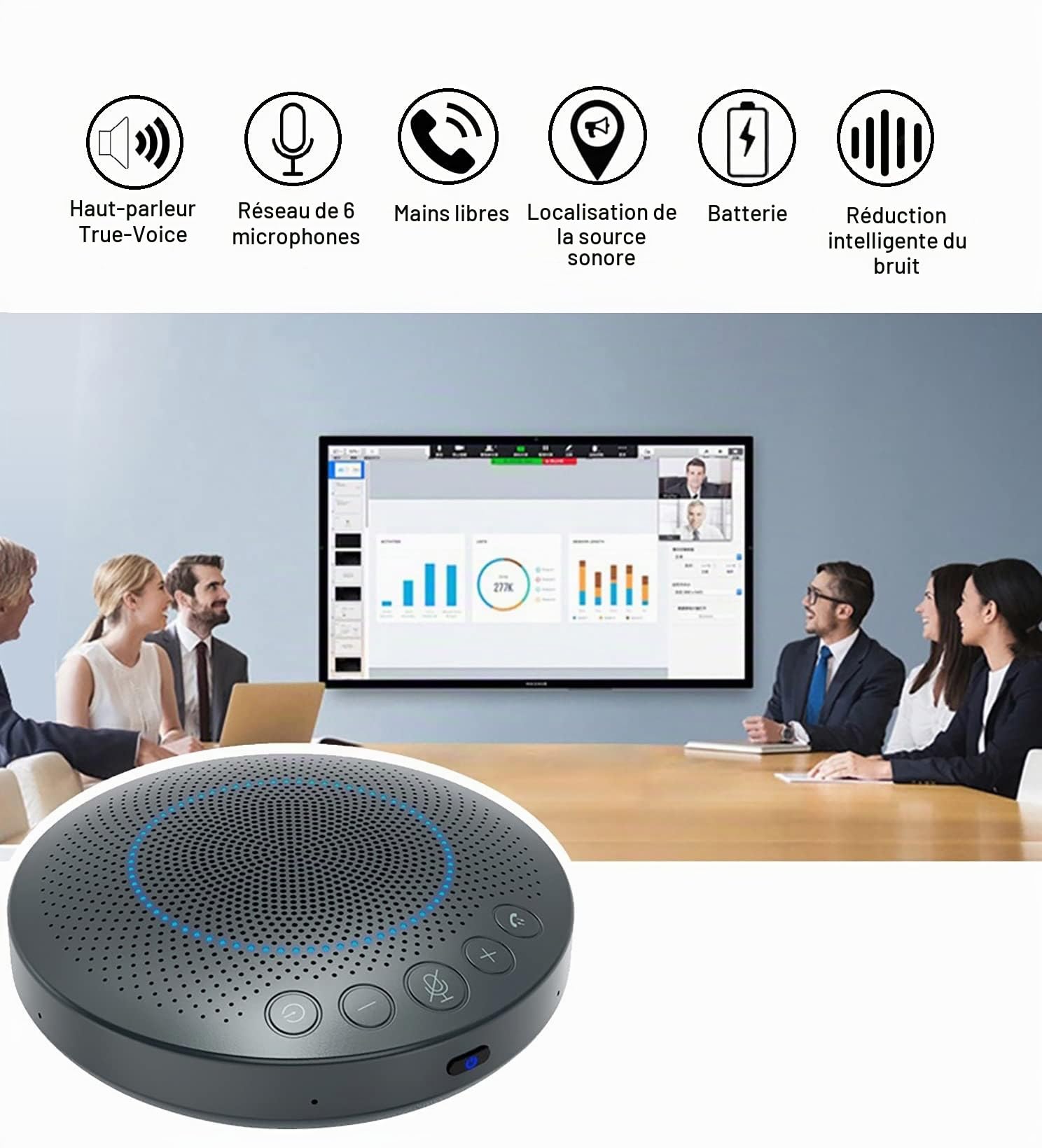 BluePod Haut-Parleur et Microphone de conférence sans Fil, Bluetooth et USB, Fonction VoiceLoc et VoiceCap avec 6 Microphones omnidirectionnel, pour Salle de réunion ou Poste de télétravail