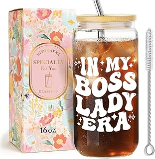 In My Boss Lady Era Glass Coffee Cups with Lids and Straws,Idea Appreciation Gifts for Women,Manager,Leader,Wife,Boss Lady Gifts for Birthday,Christmas,Bosses Day,Promotion Gift for Women -107