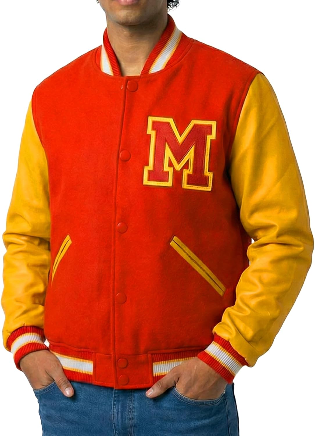 Thriller MJ Jacket - Red Wool Yellow Leather Varsity Letterman Bomber Jacket - Image 3