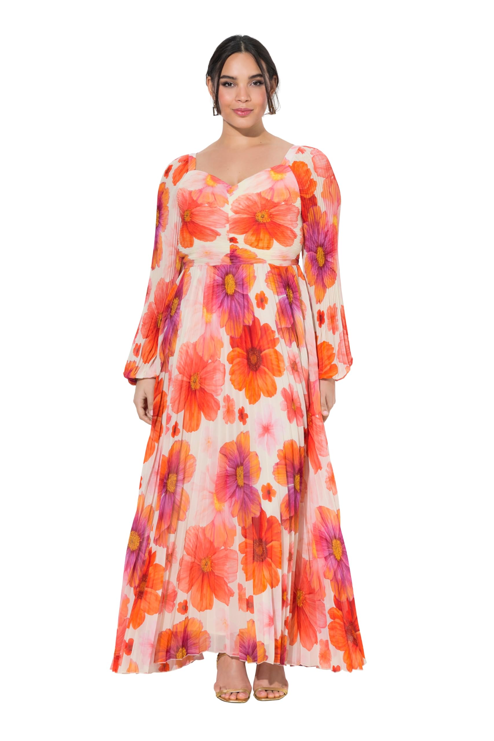 Ulla Popken Damen große Größen Übergrößen Plus Size Maxikleid, Blüten, Herzausschnitt, Langarm 849332