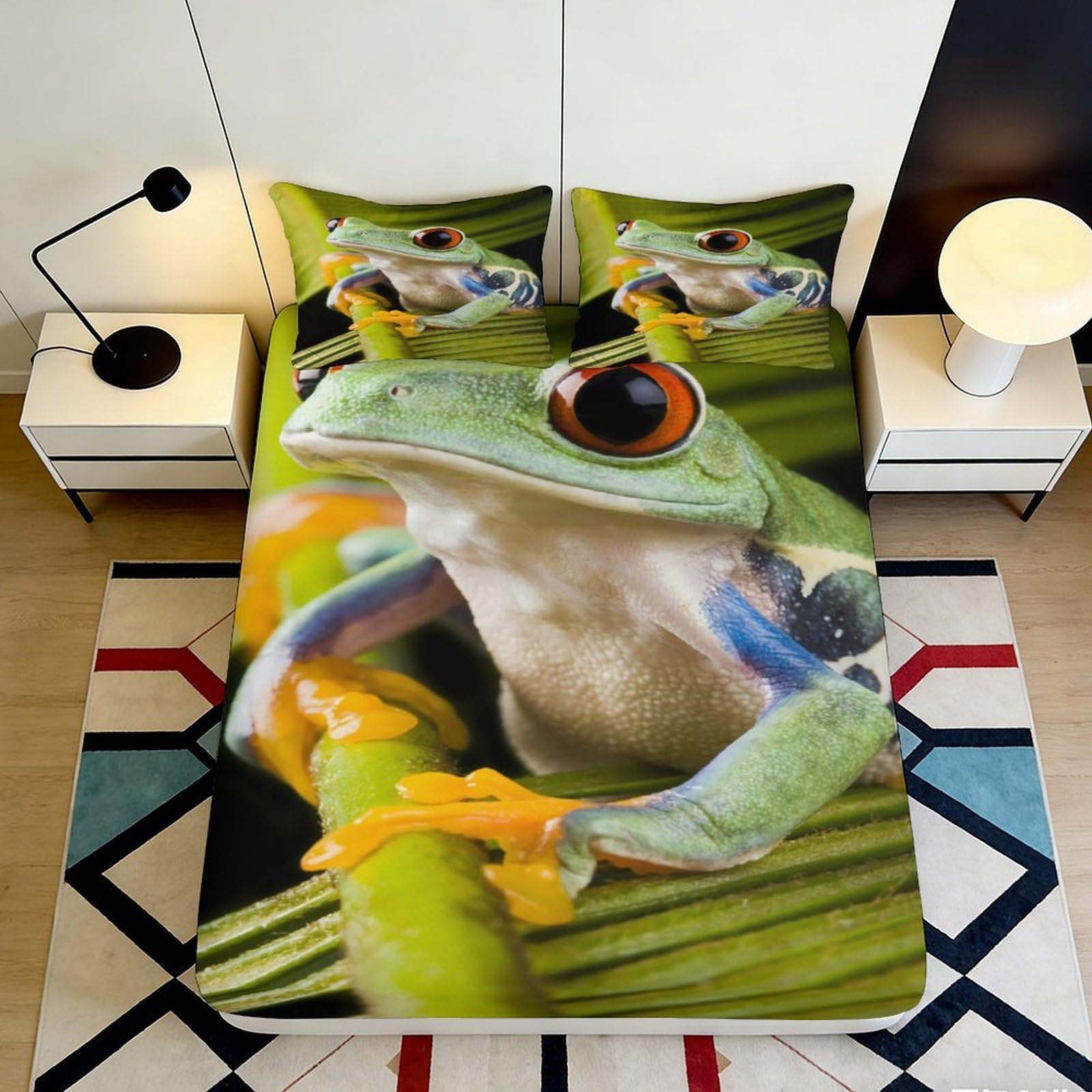 3D Printed Green Tree Frog Fitted Sheet Microfiber Soft Breathable Jungle Leaf Mattress Cover for Bedroom Dorm Decor 90x200x25cm