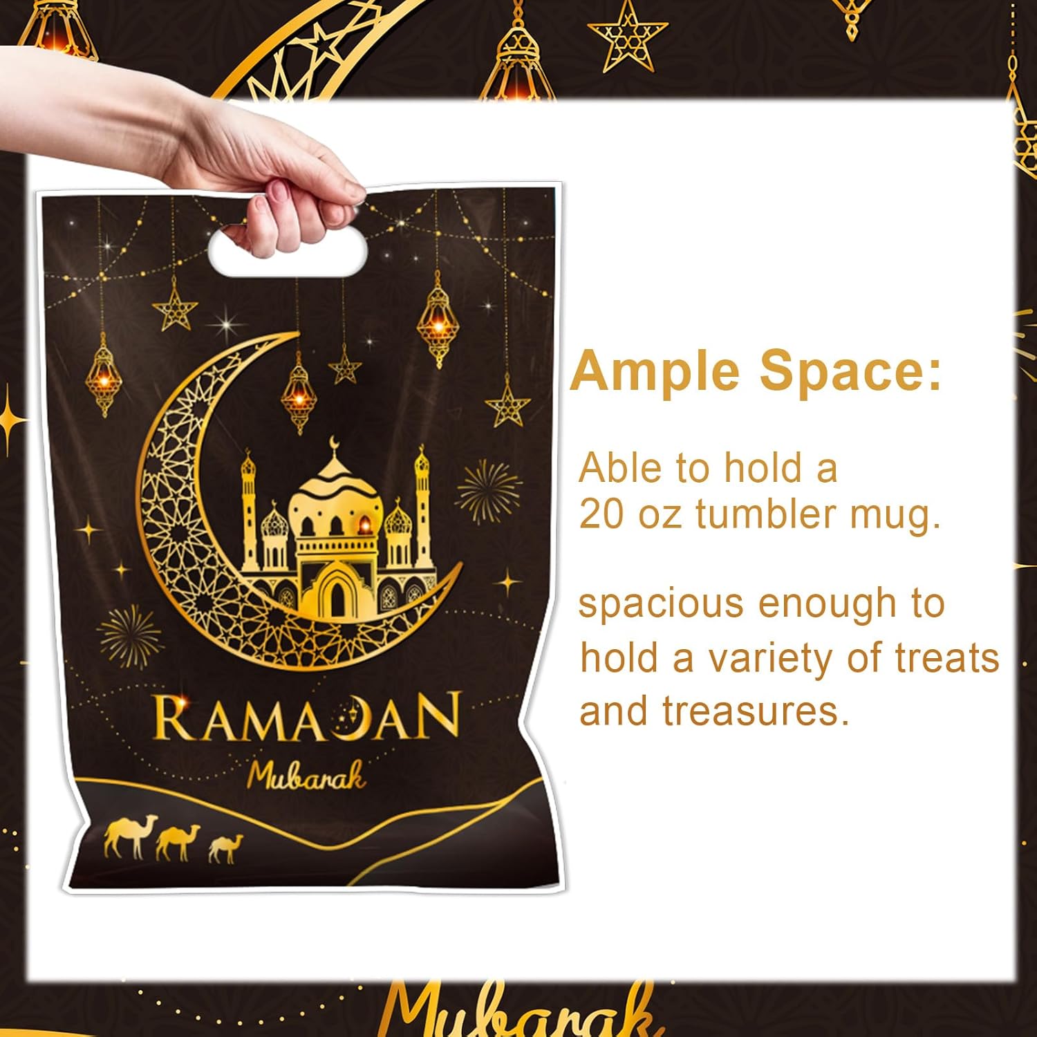 Falueqg Ramadan Party Favor Bags - 50 Pcs Black Gold Eid Mubarak Goodie Candy Treat Bags Ramadan Kareem Muslim Castle Pattern Party Supplies for Muslim Islamic Eid Al Fitr Decorations - Image 4