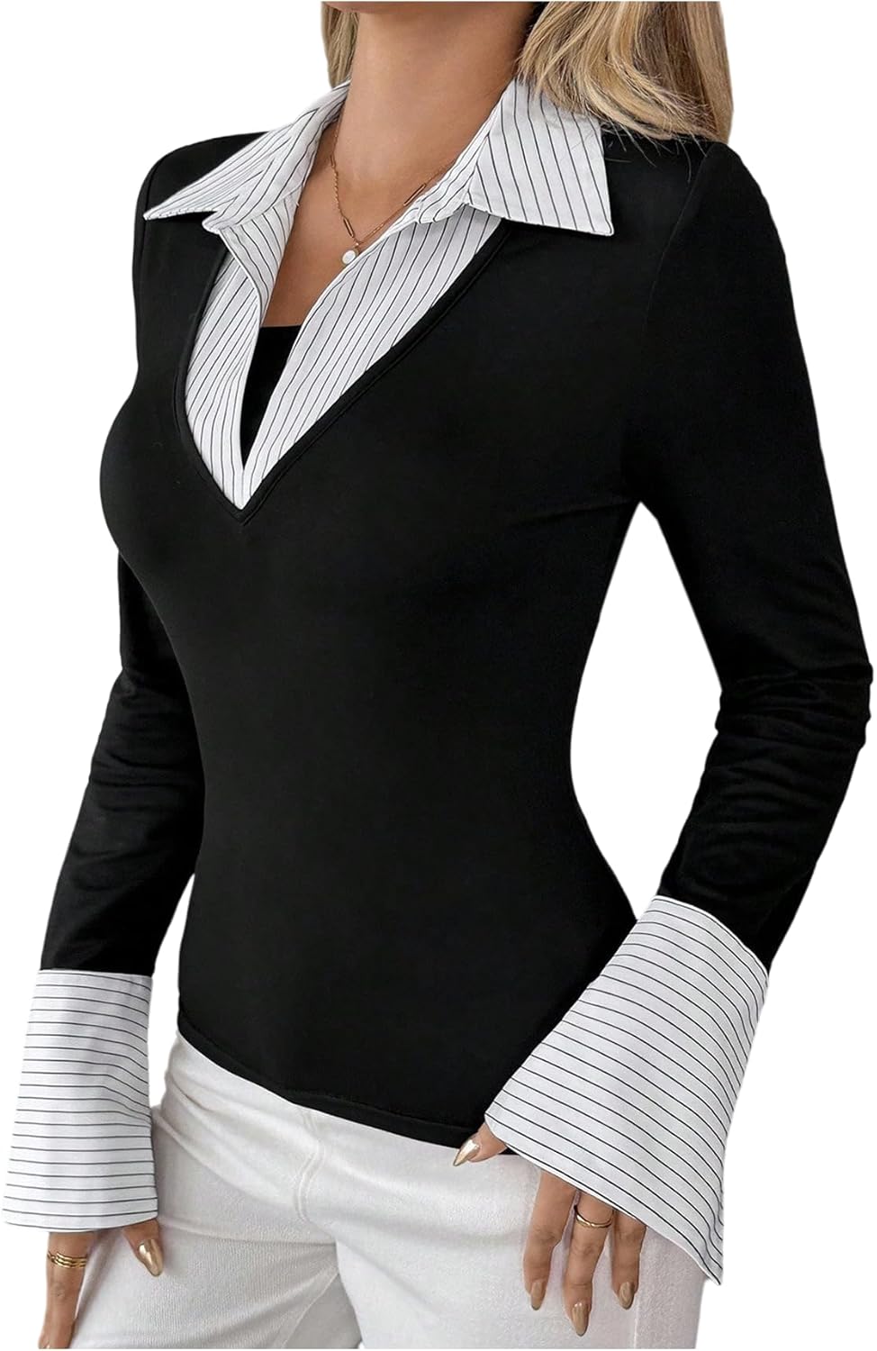 GORGLITTER Women's Flare Sleeve Work Tee Tops Striped 2 in 1 Slim Fit Shirts Trendy 2026 Business Work Outfits