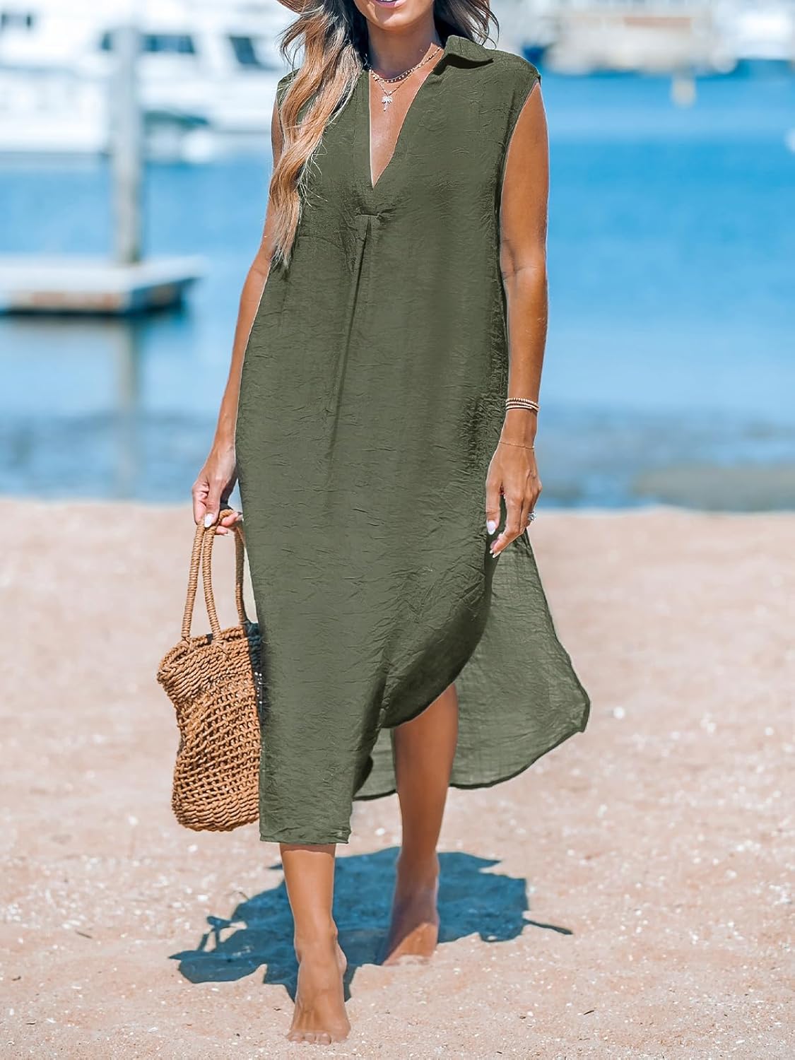 CUPSHE Women's Swimsuit Coverup Casual Sleeveless Side Split Long Cardigans V Neck Midi Beach Dress - Image 5