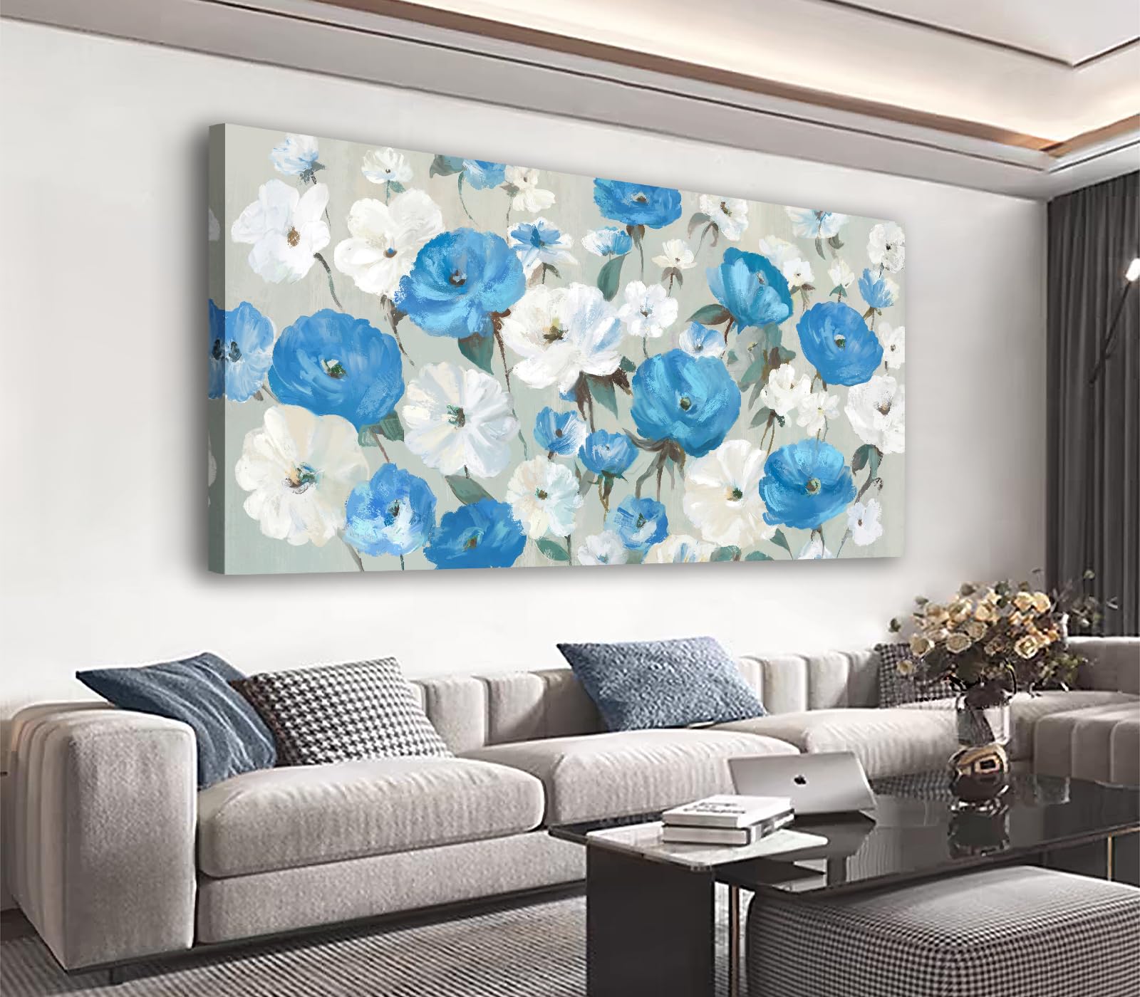 Large Flowers Wall Art for Living Room Decor Framed Art Blue White Wildflower Floral Canvas Pictures Modern Artwork Blossom Canvas Prints for Bedroom