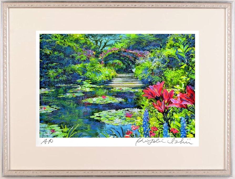 Amazon | 石井清 「モネの池の赤い百合・G」 睡蓮 絵画 クロード