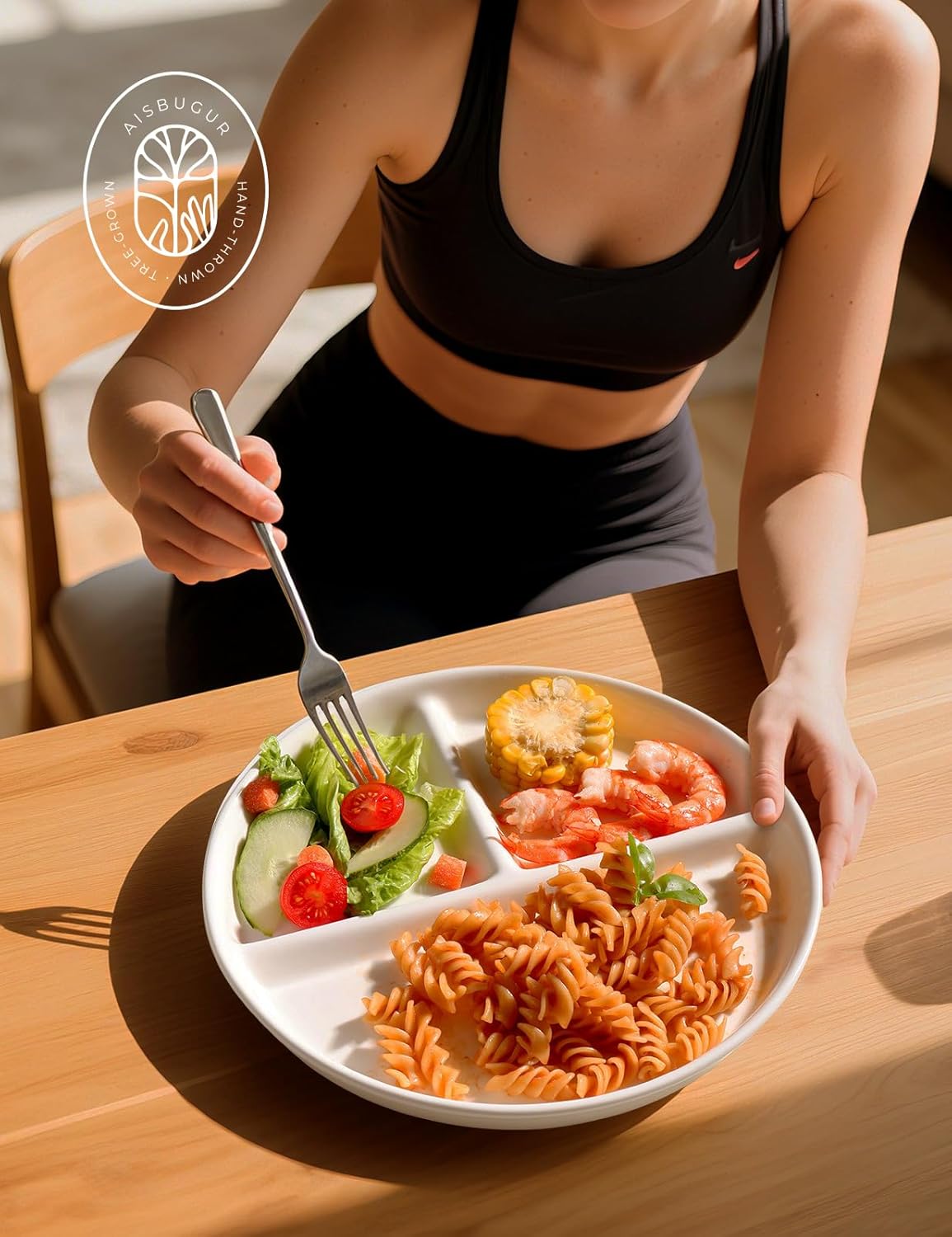 AISBUGUR Ceramic Portion Control Plate for Weight Loss,9-Inch Divided Plate for Adults,3-Compartment Portion Plate for Healthy Eating,Dishwasher & Microwave Safe,White - Image 2