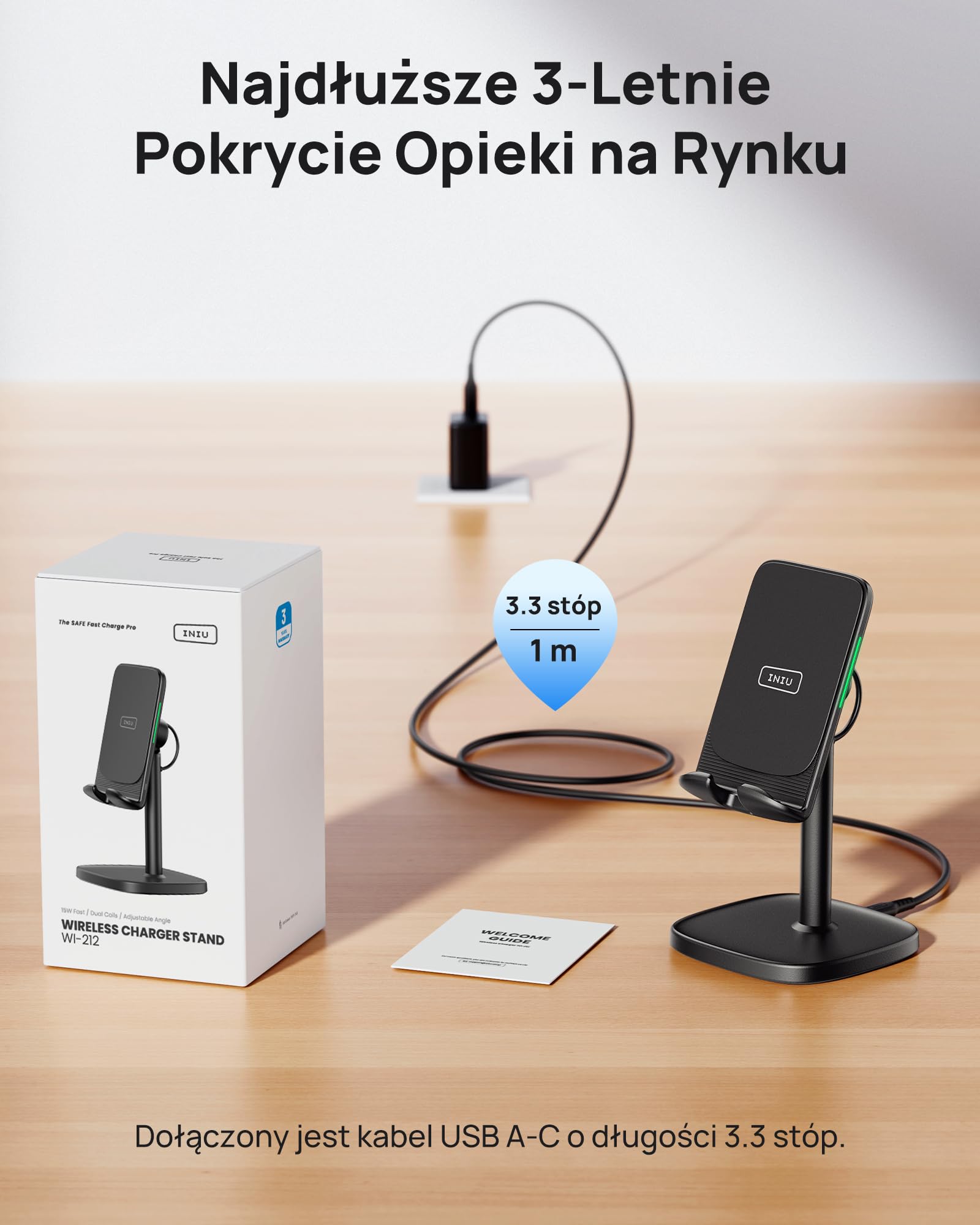 INIU Bezprzewodowa Ładowarka Stojąca, 15W Indukcyjna Szybkiego Ładowania, Stacja Ładująca z Adaptacyjnym LED i Regulowanym Uchwytem dla iPhone 16 15 14 13 12 Samsung Galaxy S25 S24 S23 Google Pixel LG