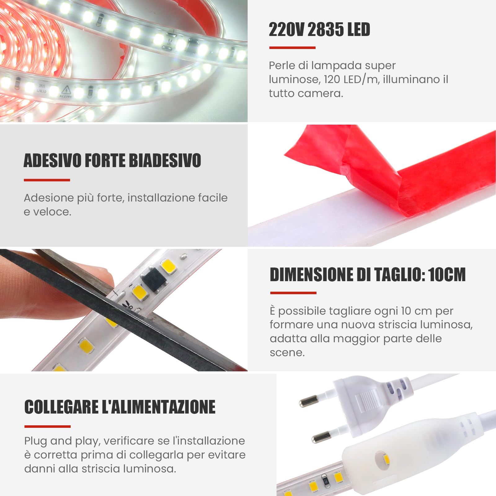Wisada Striscia LED 220V SMD 2835, 120 LED/m, IP65 impermeabile, Striscia LED flessibile per lucernario Soggiorno Decorazione cucina (Bianco (6000-6500K), 10M)