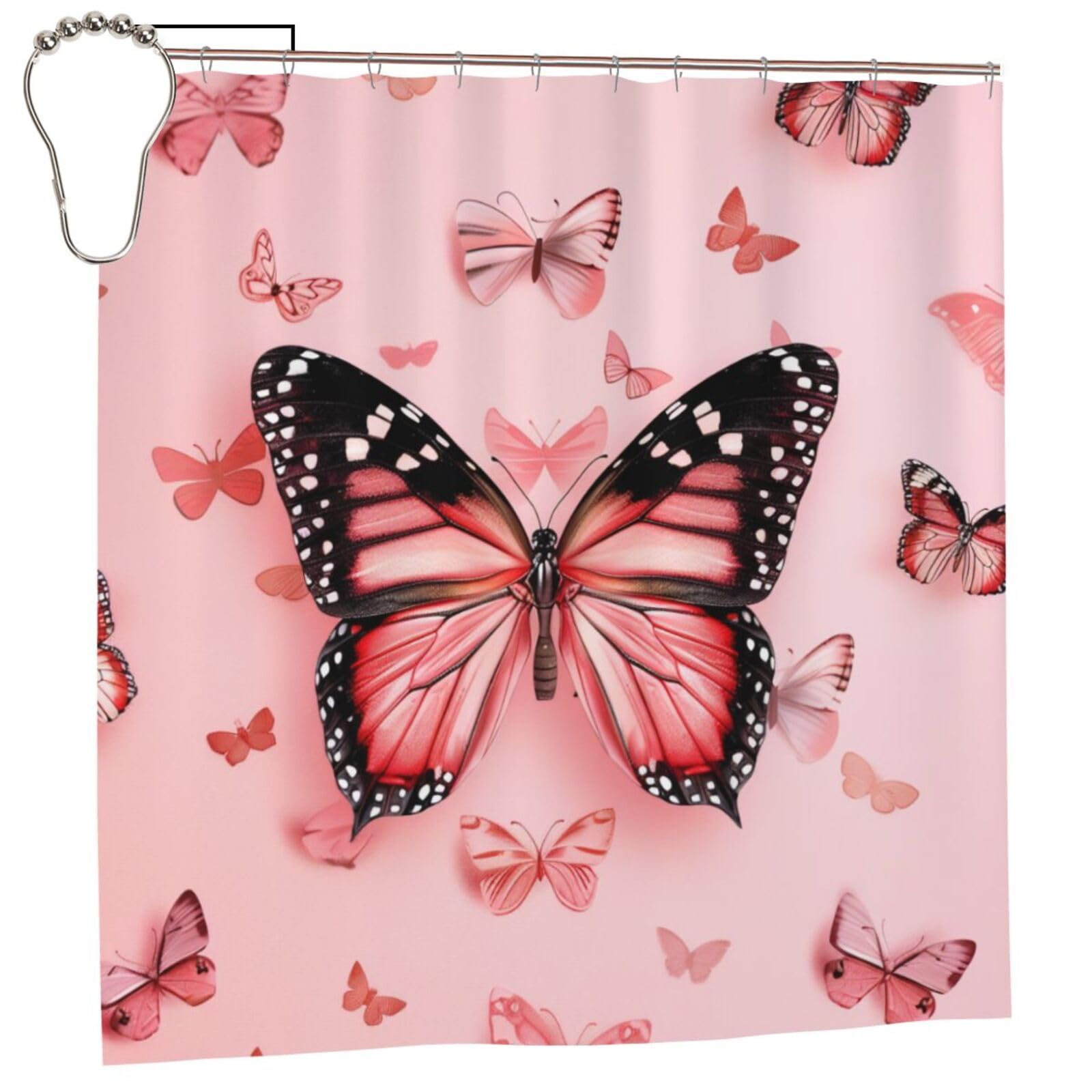 BWWHCCTI Butterfly Printed Shower Curtain With 12 Iron Hooks Opaque Quick Drying Waterproof Shower Curtains Sets For Bathroom 183x183 CM