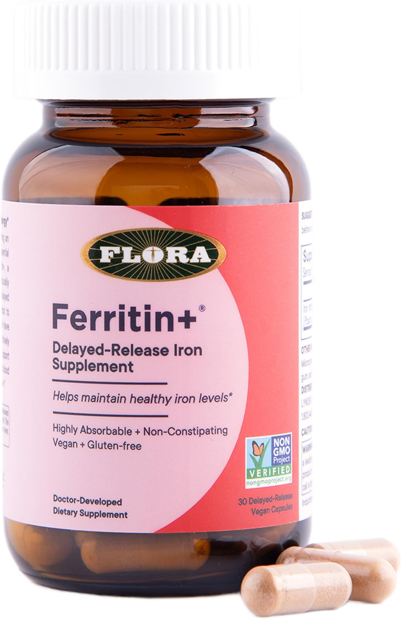 Flora Ferritin+ Delayed-Release Iron Supplement - Plant-Based Iron Supplement - Blood Cell & Energy Support - Vegan & Gluten-Free - Amber Glass Bottle - 30 Vegan Capsules