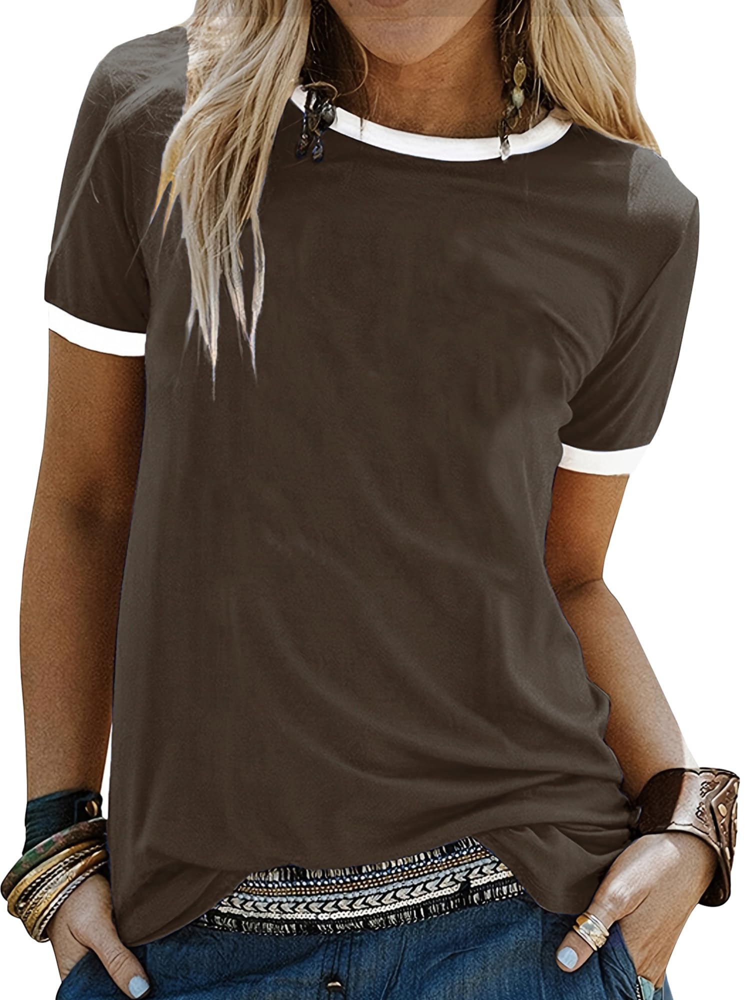 Awemeal T-Shirt Damen Sommer Oberteil Tee Shirt Rundhals Kurzarm Basic T-Shirts Bluse Einfarbig Casual Blusenshirt Top Hemd