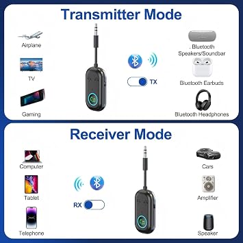 Bluetooth Transmitter Receiver, Wireless Car/Airplane Bluetooth 5.3 Adapter,Compatible with 2 AirPods or Wireless Headphones,Adapter for TV, Airplane, Headphone, Airpods, Speaker, Car