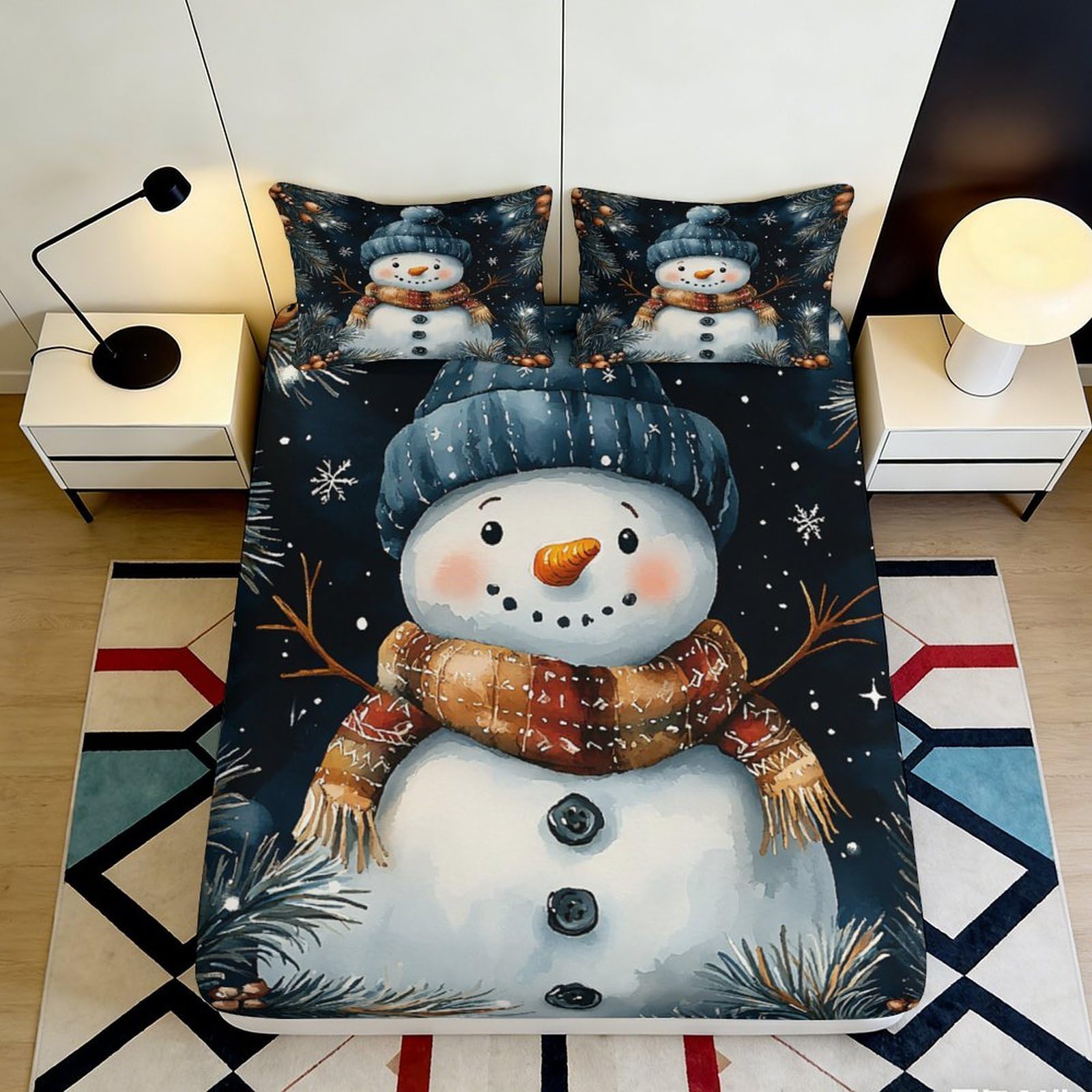 K1r3d9e5 Style-7 3D Printed Snowman Fitted Sheet Microfiber Soft Winter Night Bed Cover For Bedroom Guest Room Decor Protection 90X200x25cm
