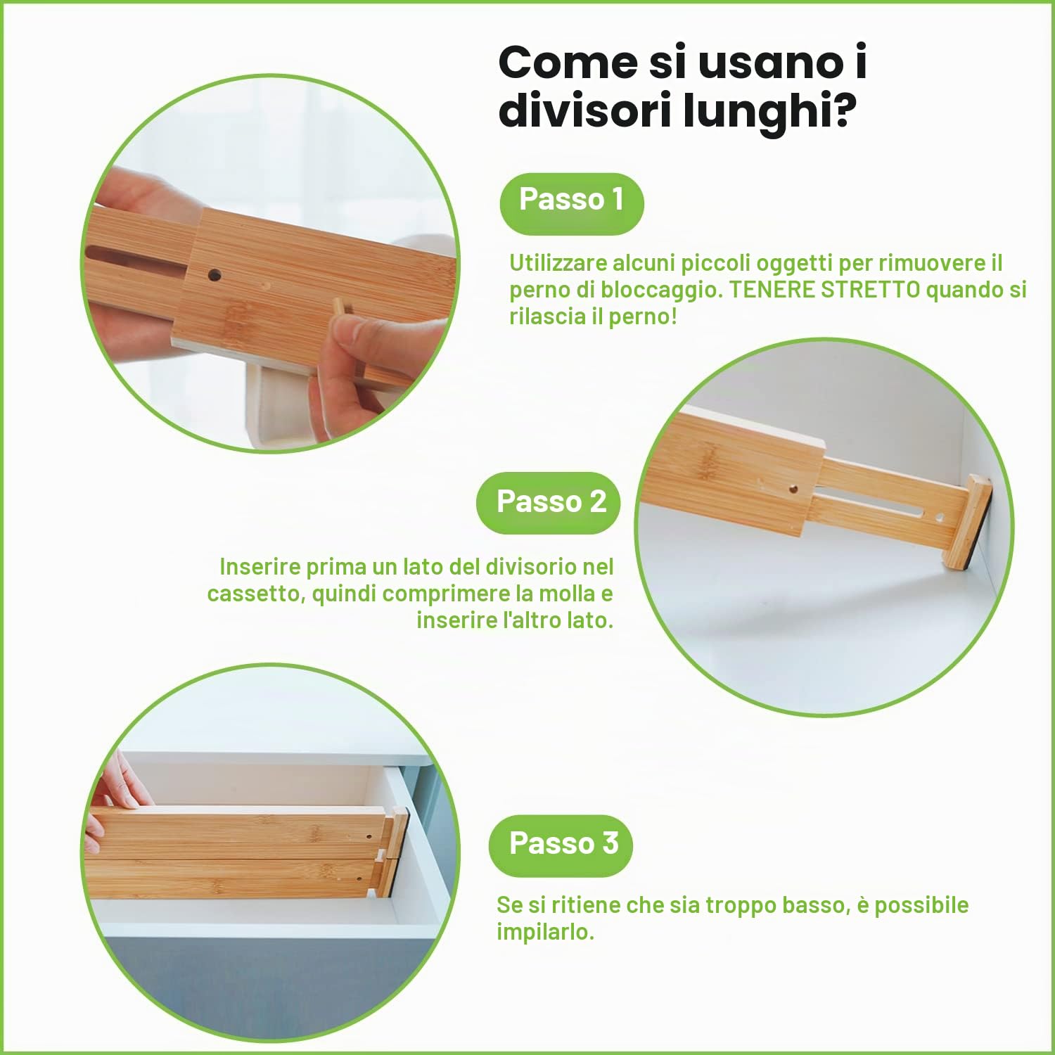 ANTOWIN Divisori per cassetti in bambù, espandibili (43-56 cm), organizer regolabile a molla per utensili grandi, vestiti, cassetti, set di 16 divisori per cassetti